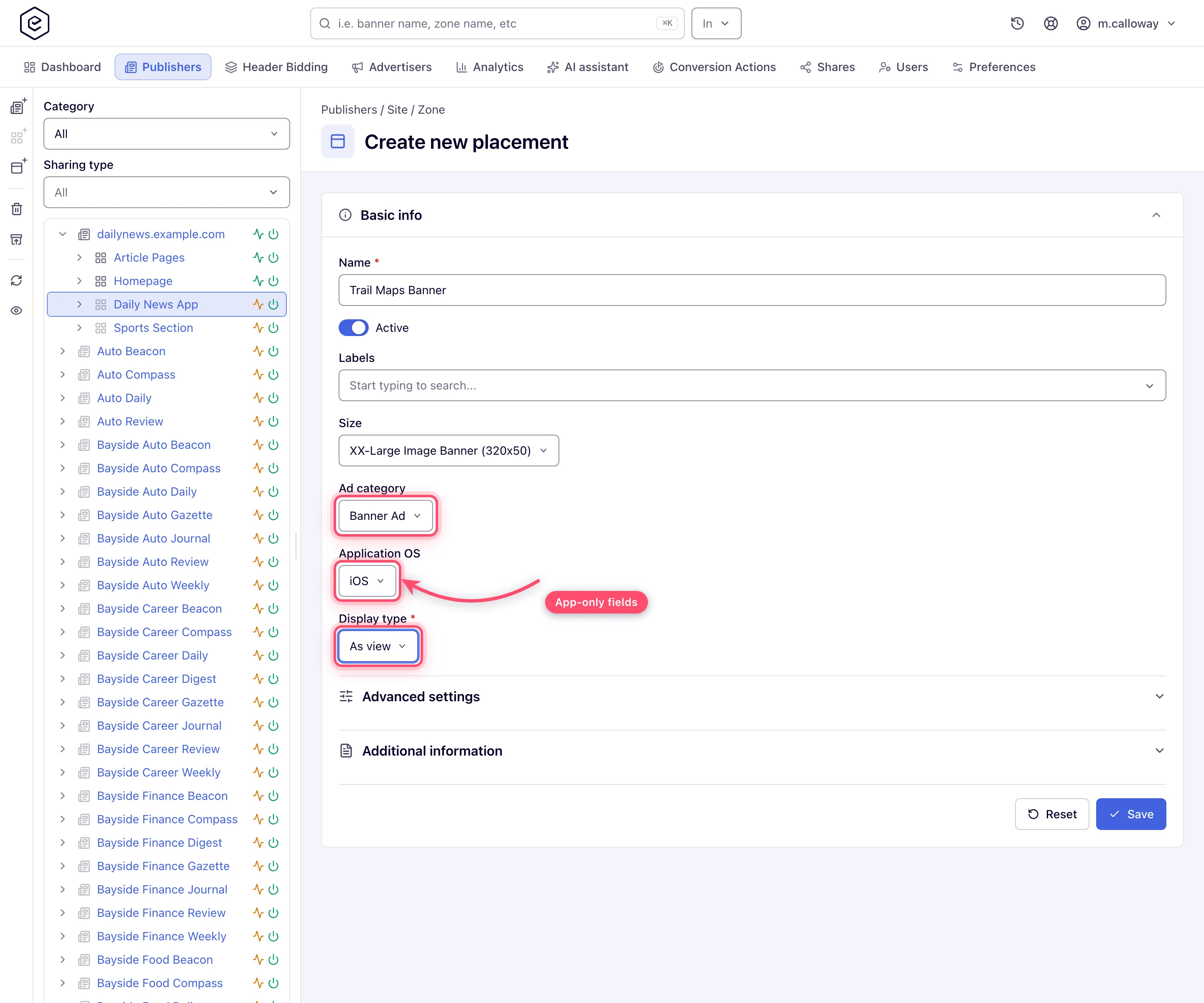 Create new placement form for an Application placement with size, ad category, application OS and display type