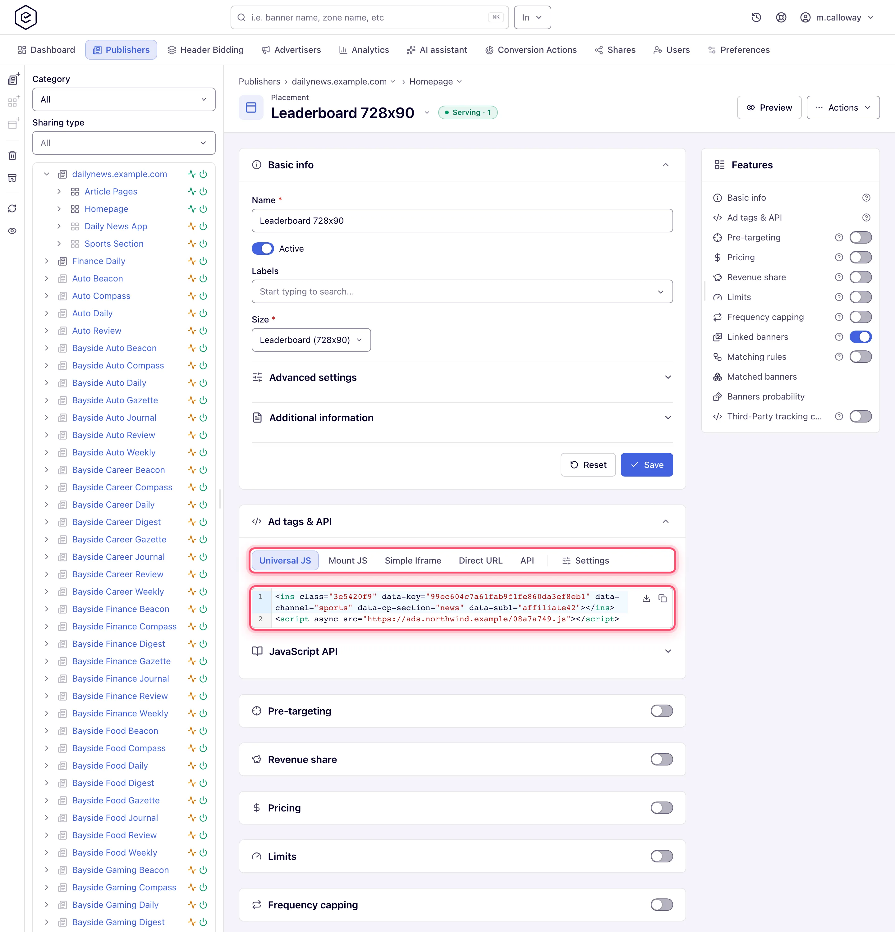 The Ad tags & API card on the Universal JS tab
