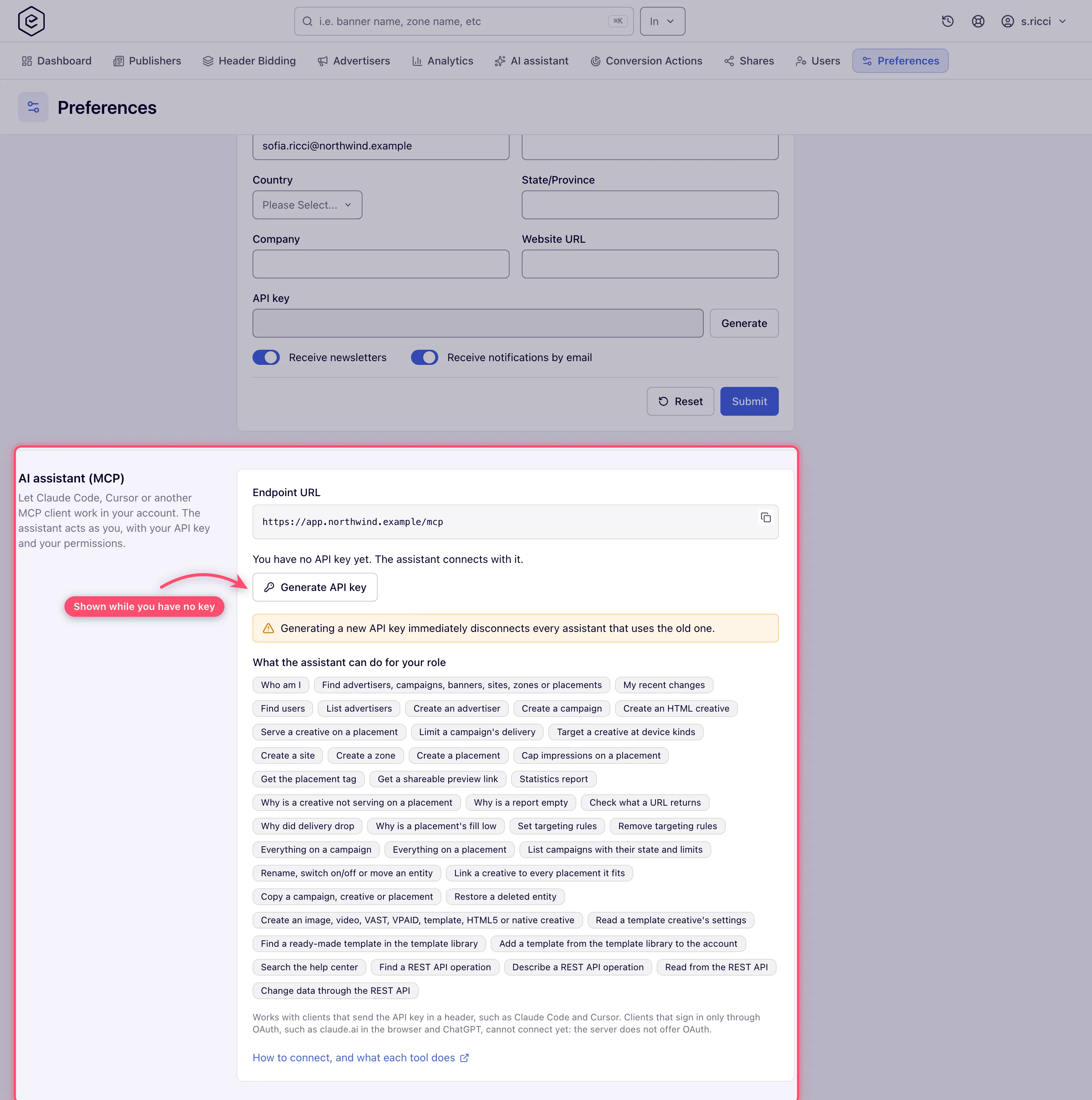 Preferences page with the AI assistant (MCP) card: endpoint URL, the Generate API key button and the list of tools for the role