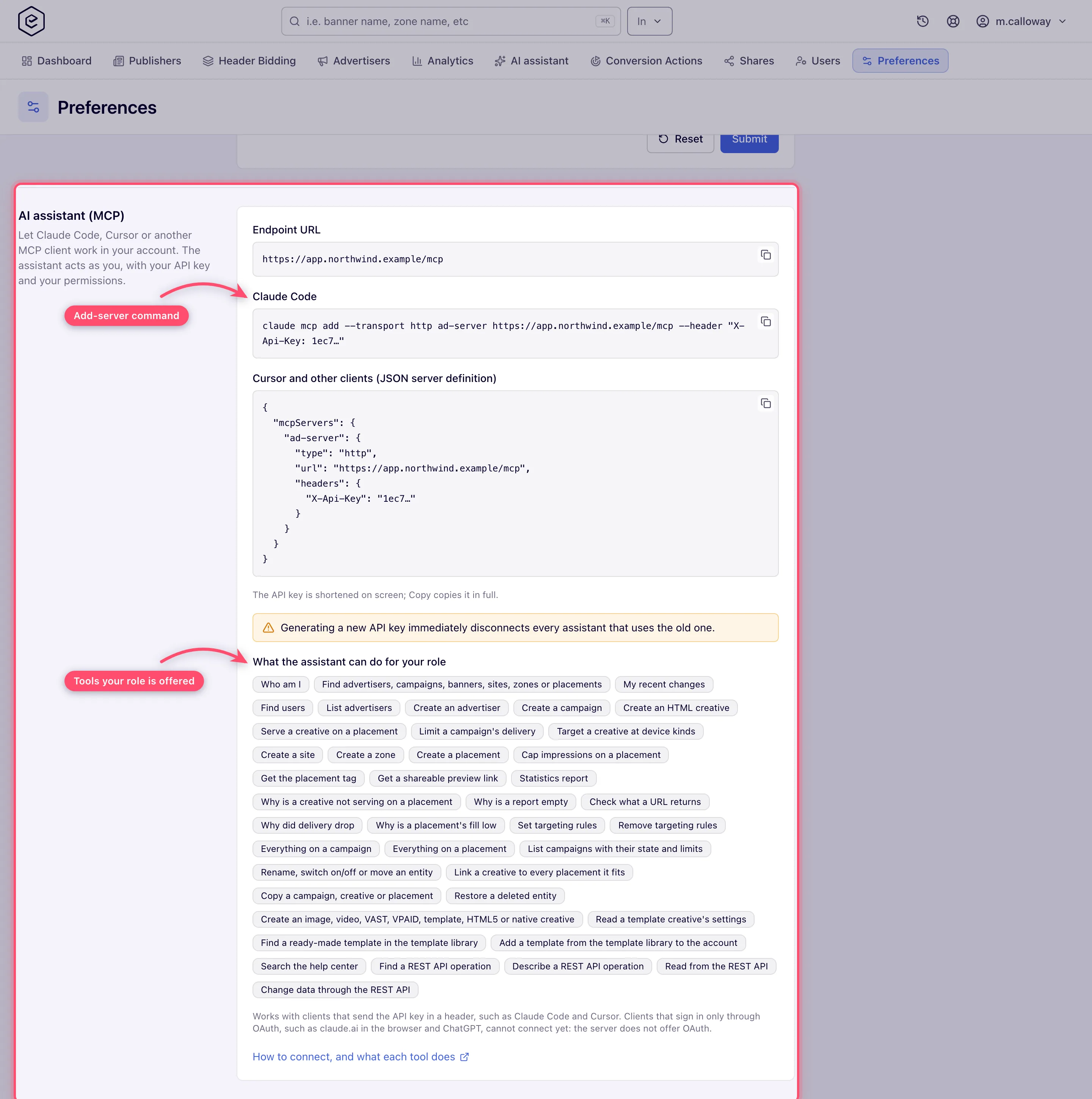 The AI assistant (MCP) card with the endpoint URL, the one-line Claude Code command and the JSON server definition