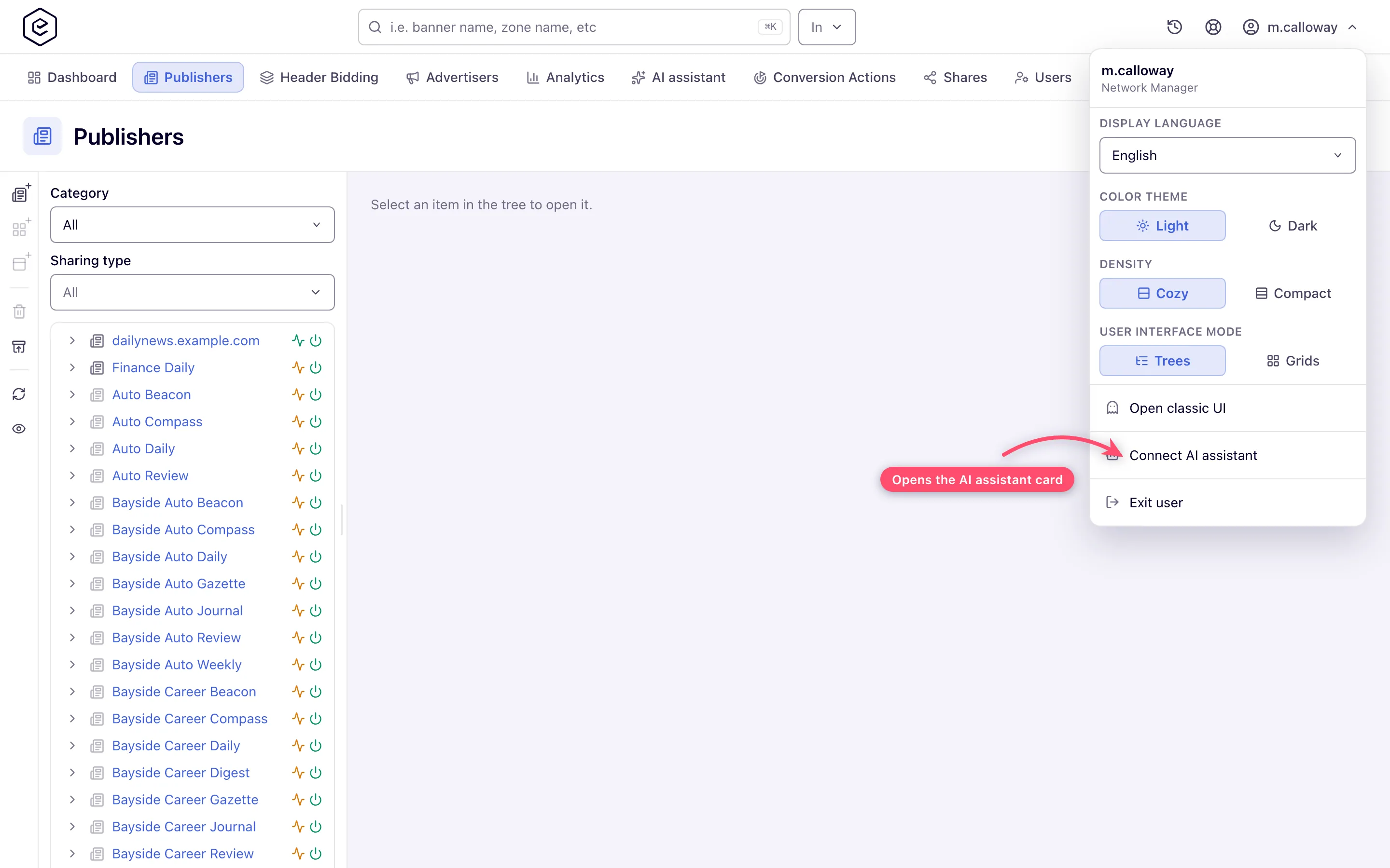 The user menu open at the top right with Connect AI assistant above Log out
