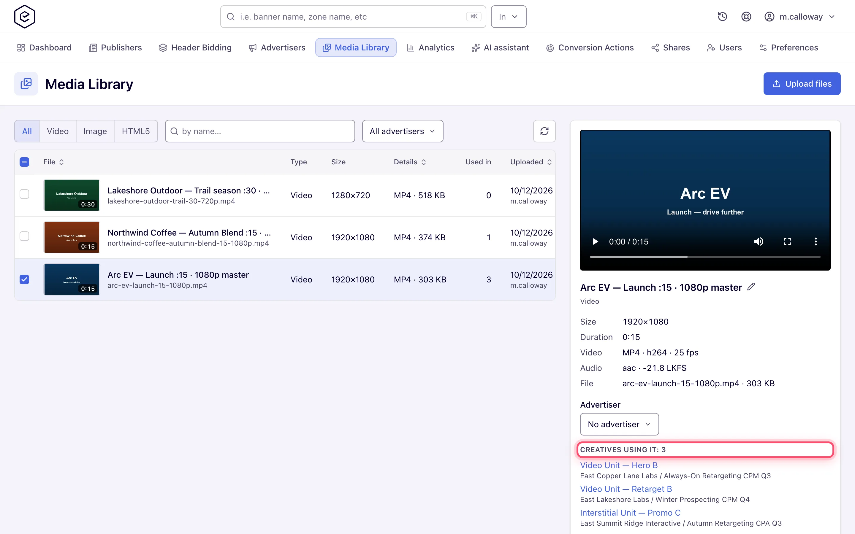 Media Library with a video selected