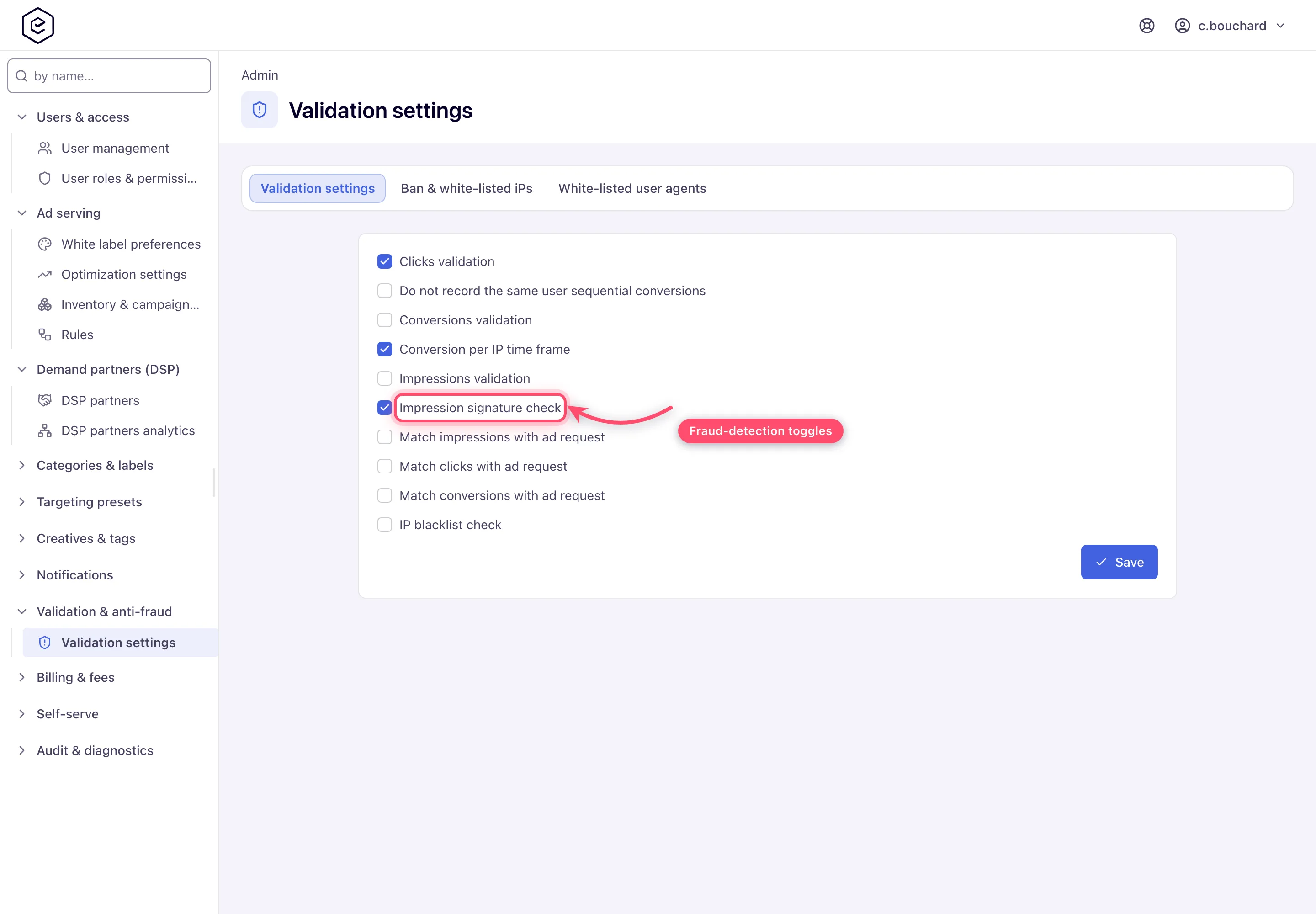Validation settings page with the ten validation checkboxes and the two blacklist tabs