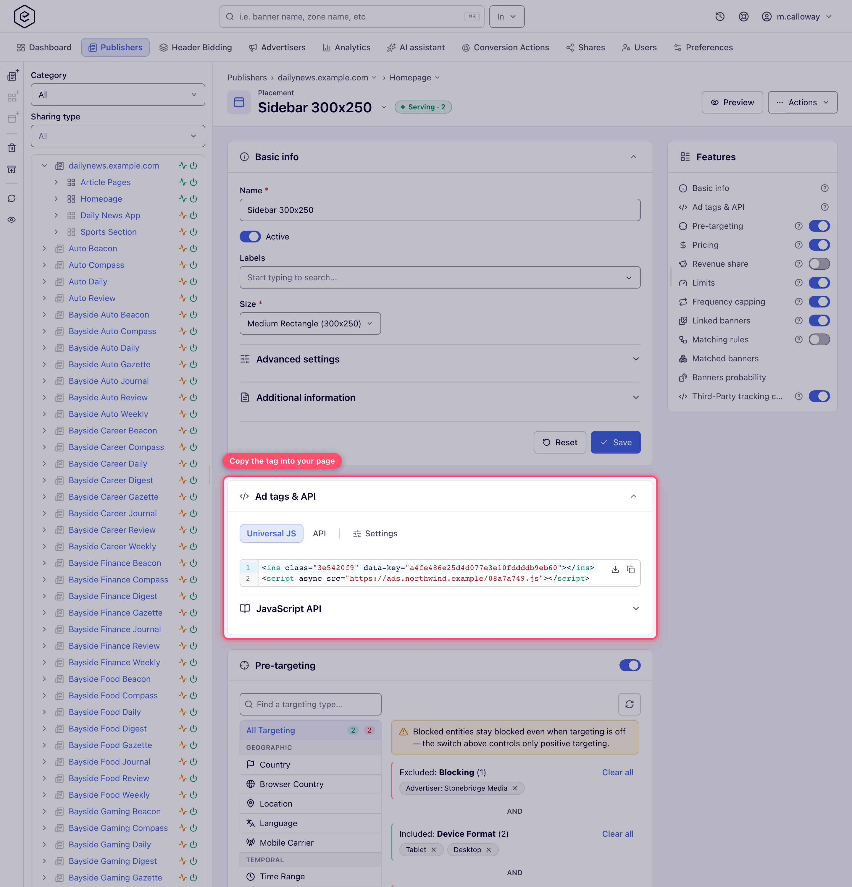 Ad Tags & API card with the universal JS tag ready to copy