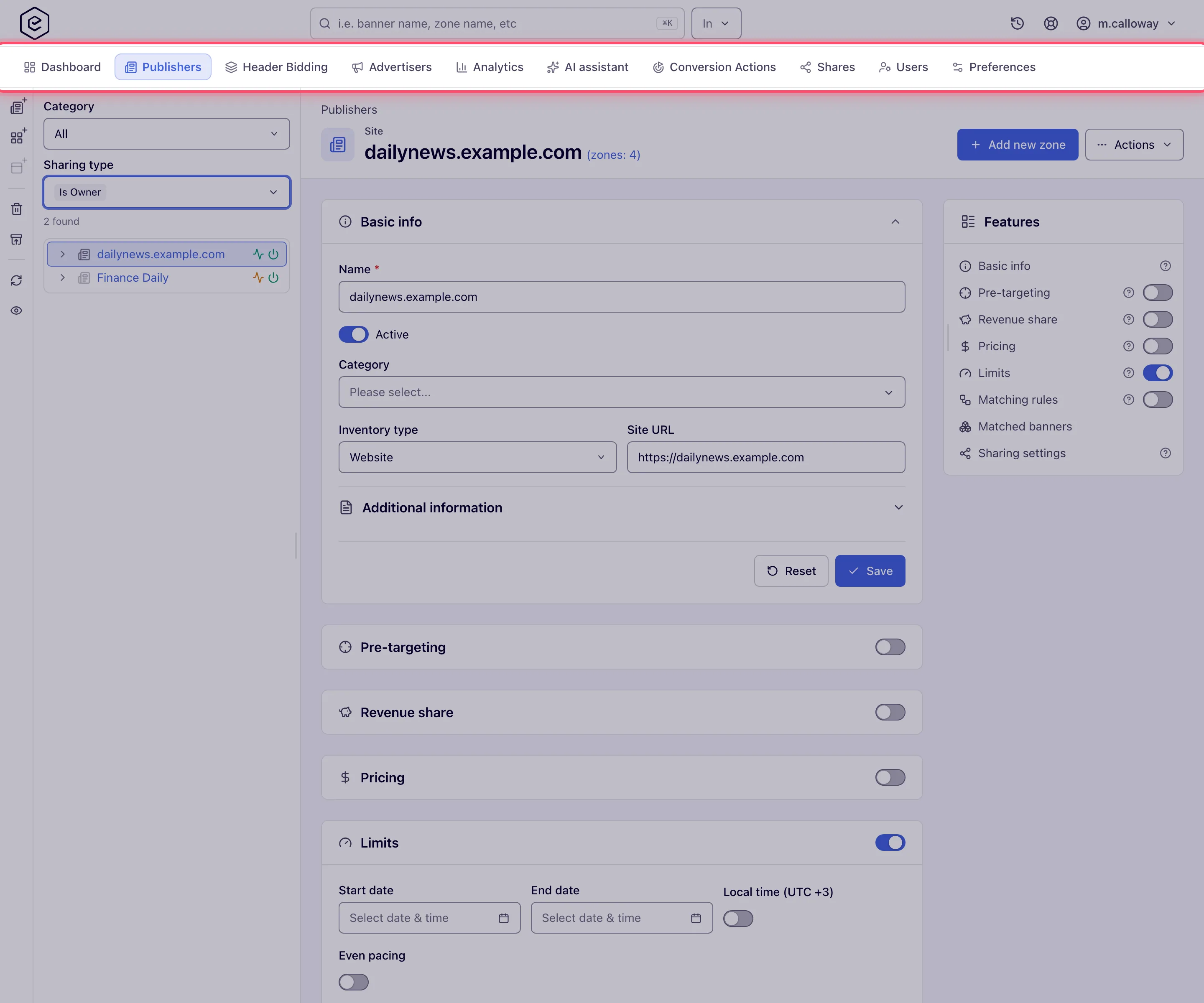 A network manager's account area: ten sections, the site tree, and an open site with its full Features rail