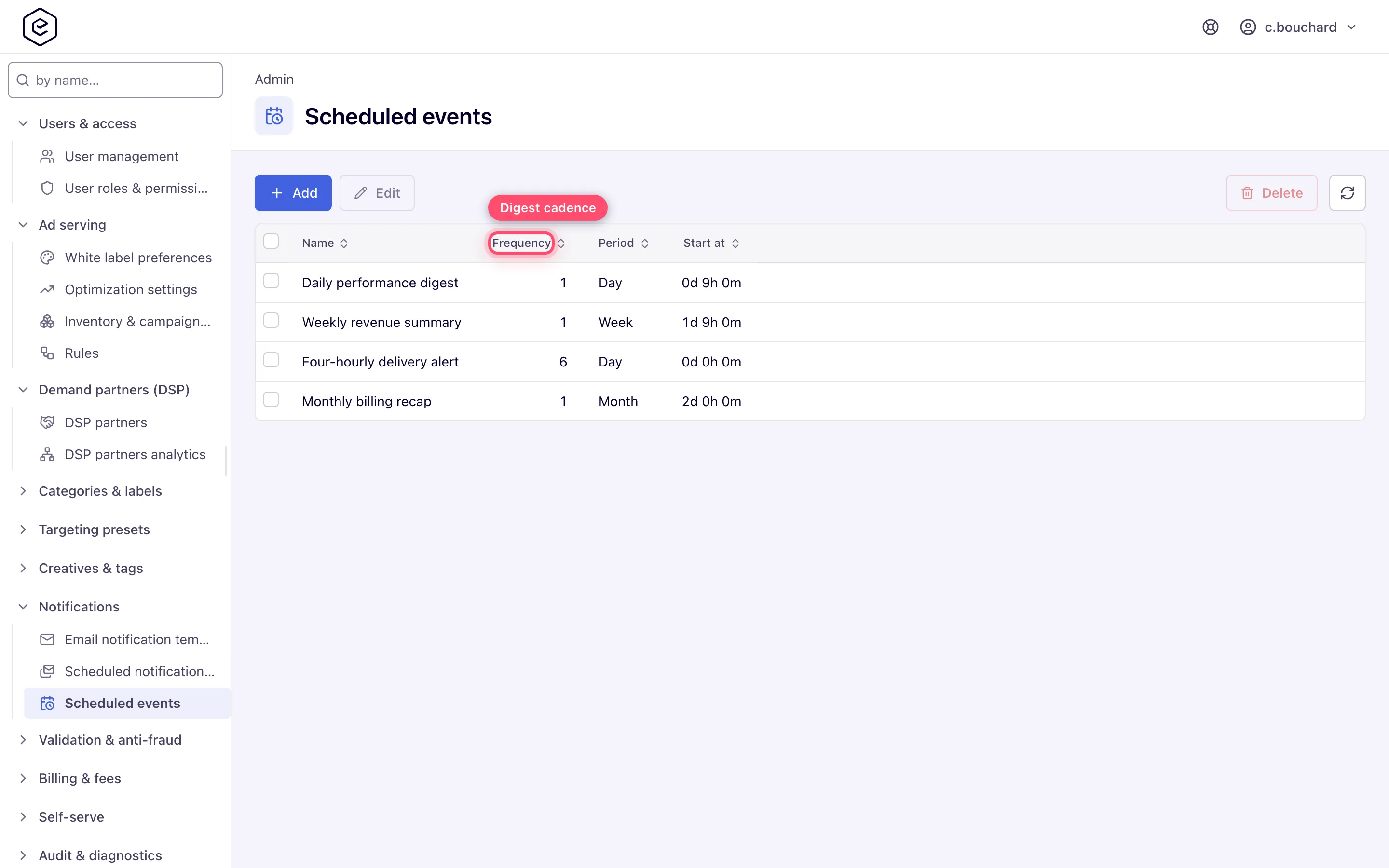 Scheduled events grid listing four recurrences with their frequency, period and start offset