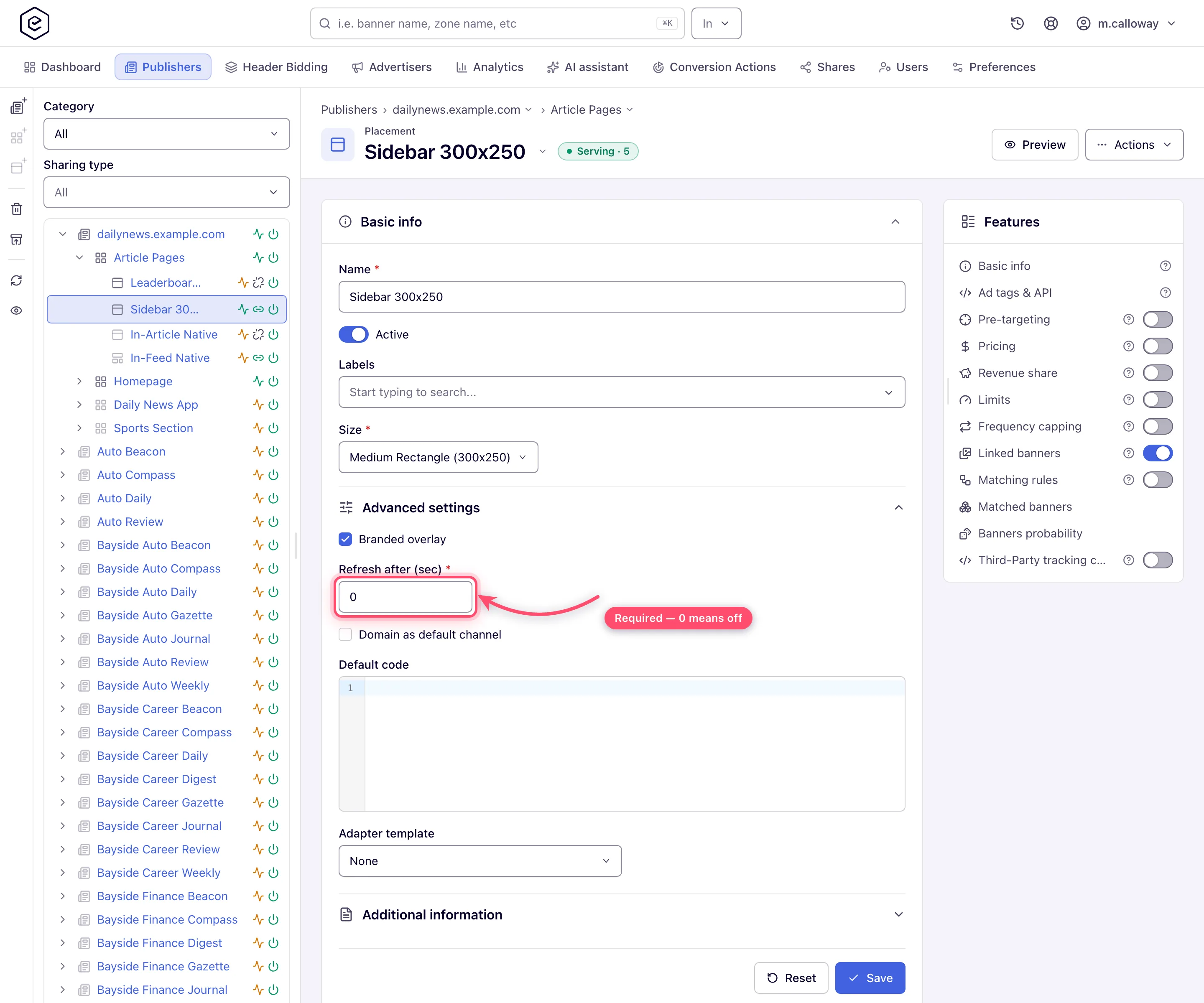 Advanced settings on a display placement
