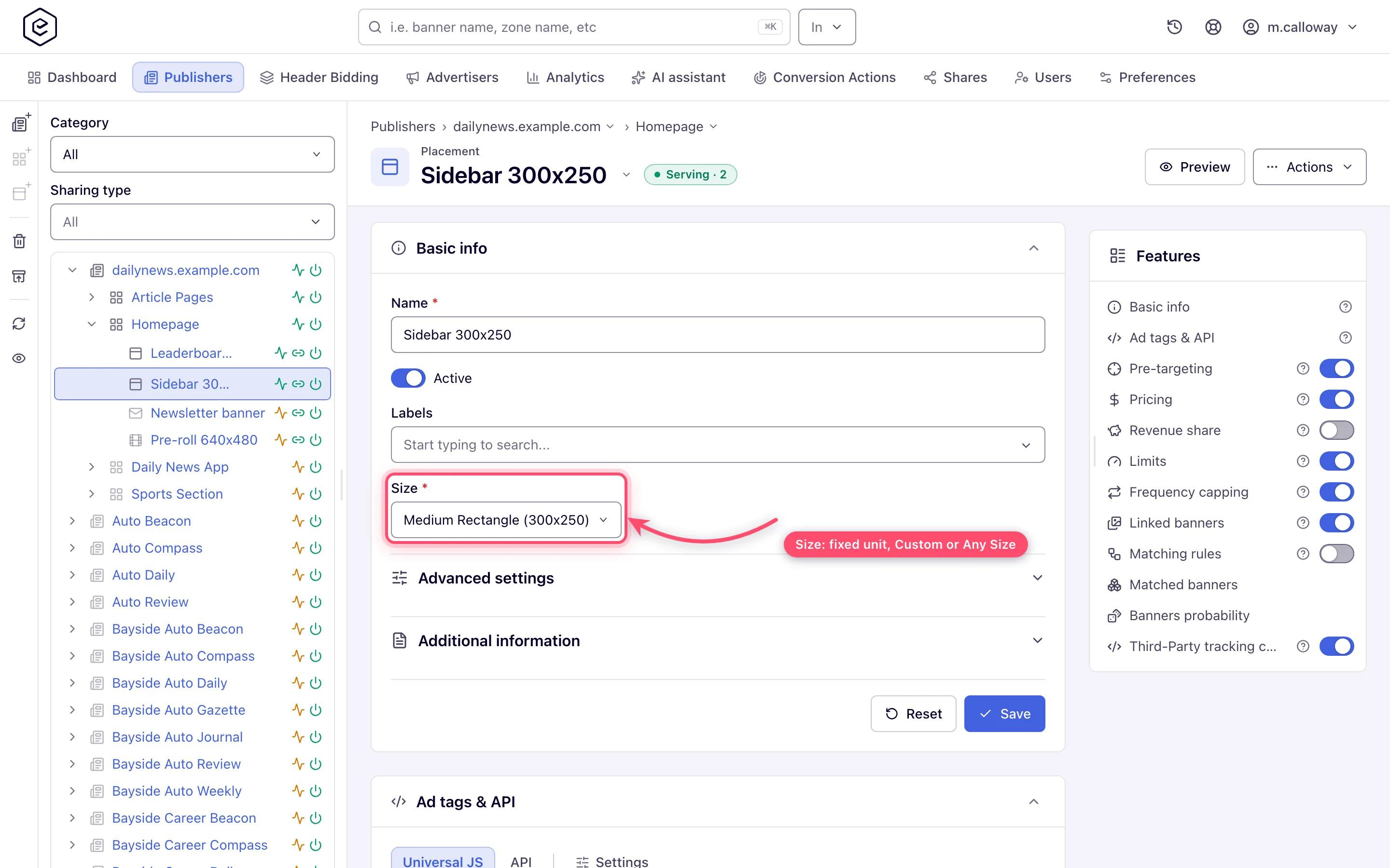 Site placement Basic info with the size selector