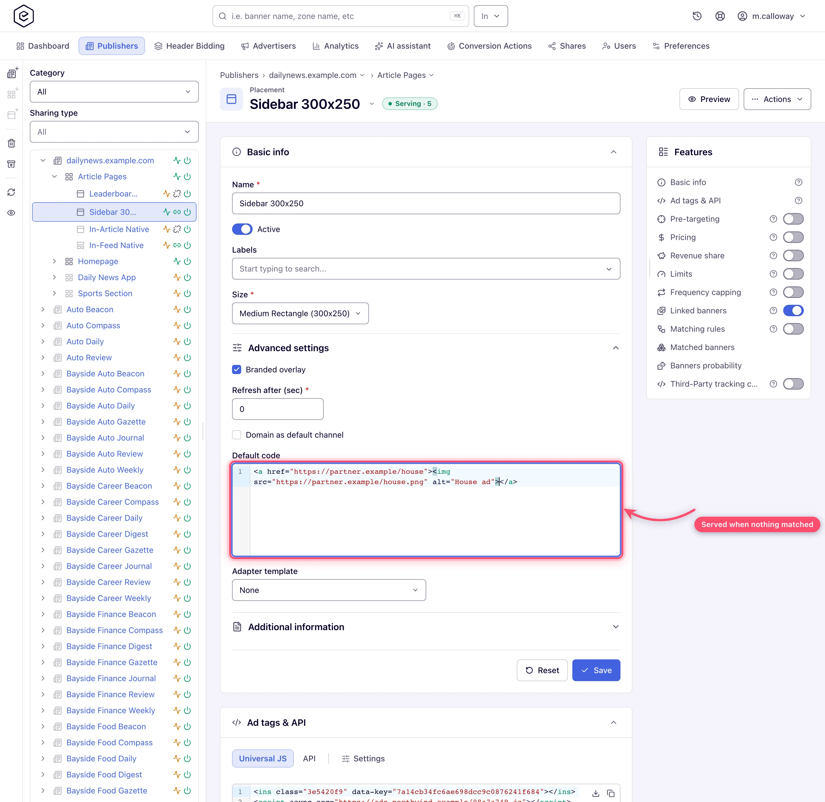 Default code passback editor on a display placement