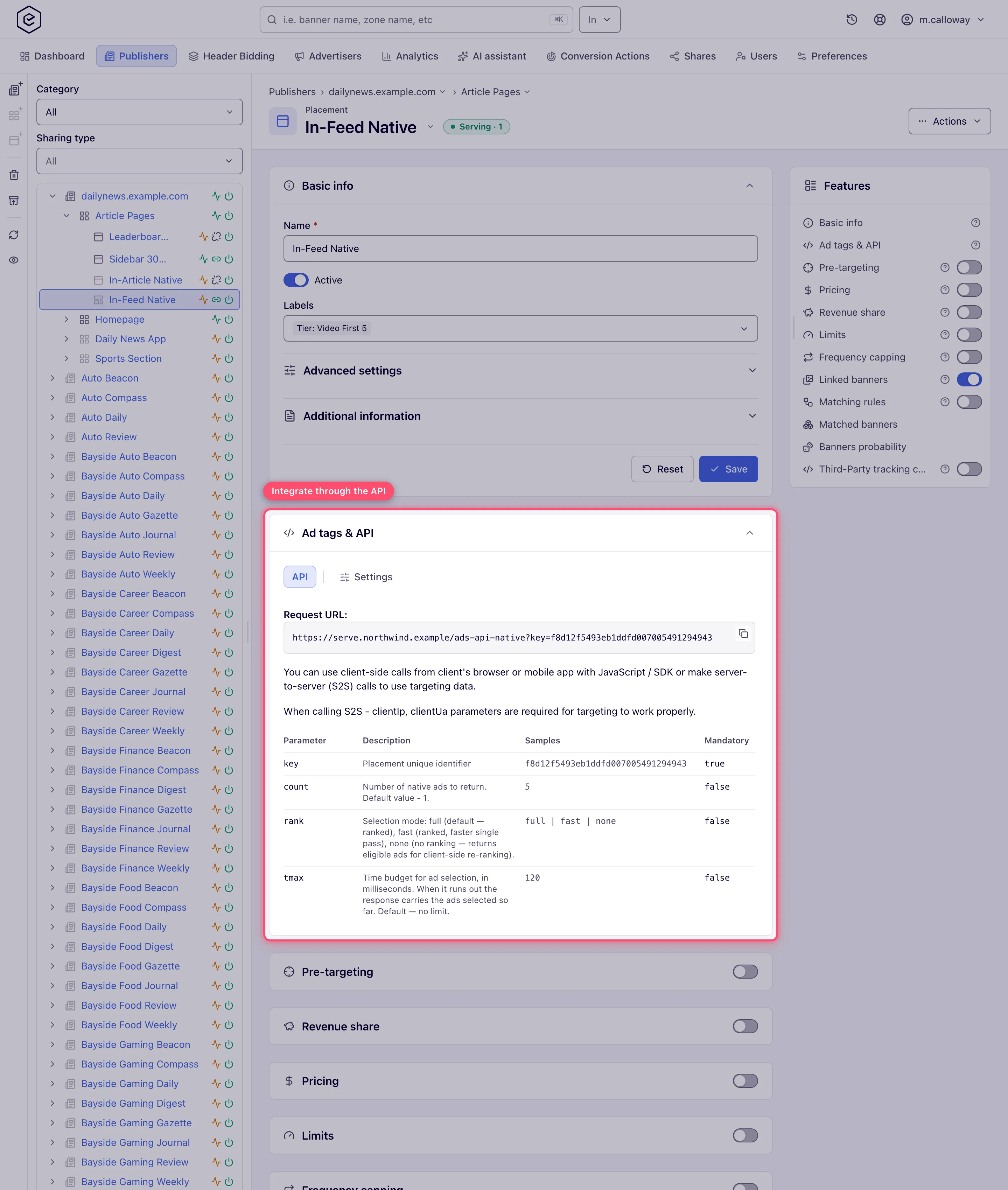 Native placement API tab with the request URL and parameter table