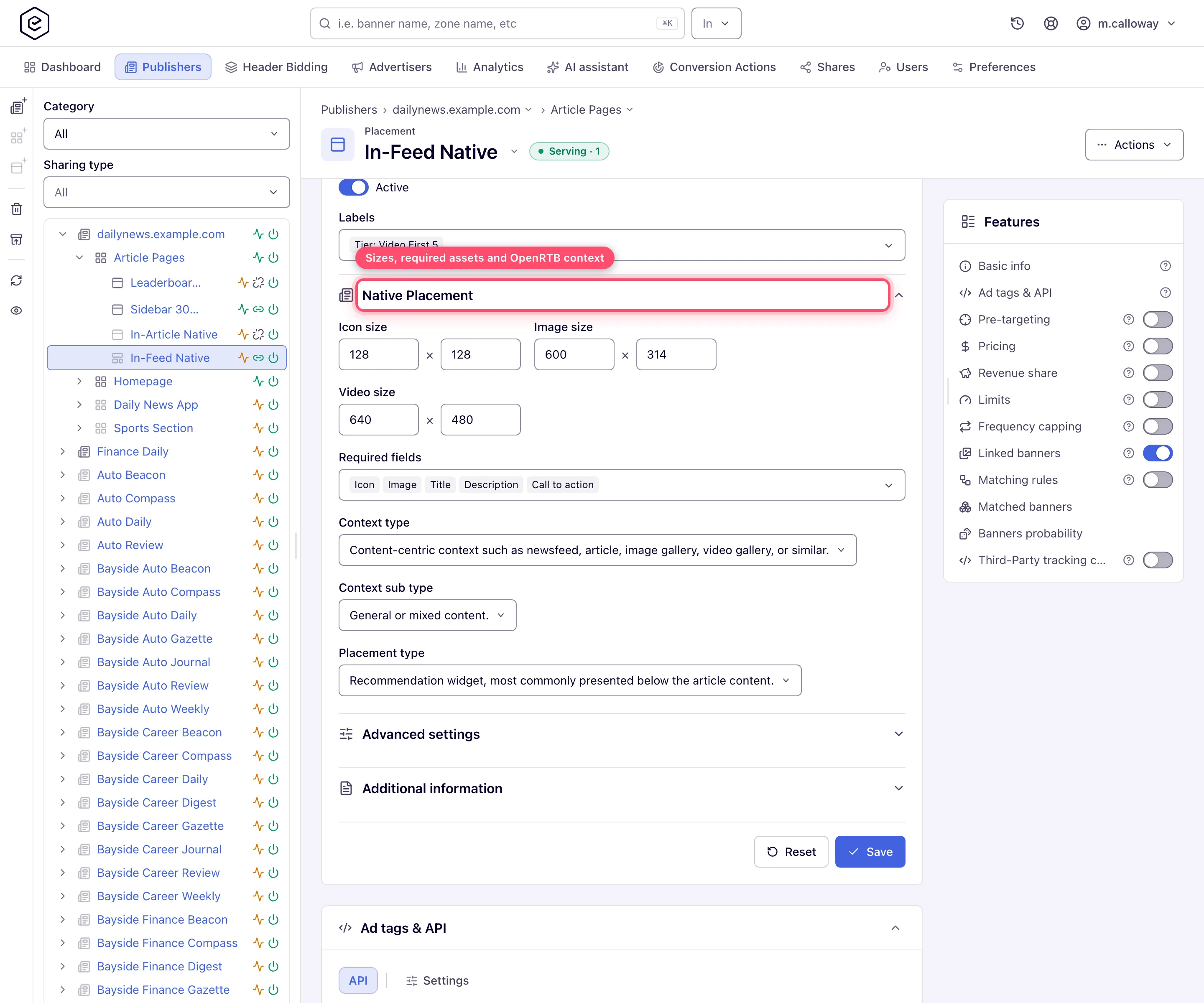 Native placement settings with size pairs, required fields and context types