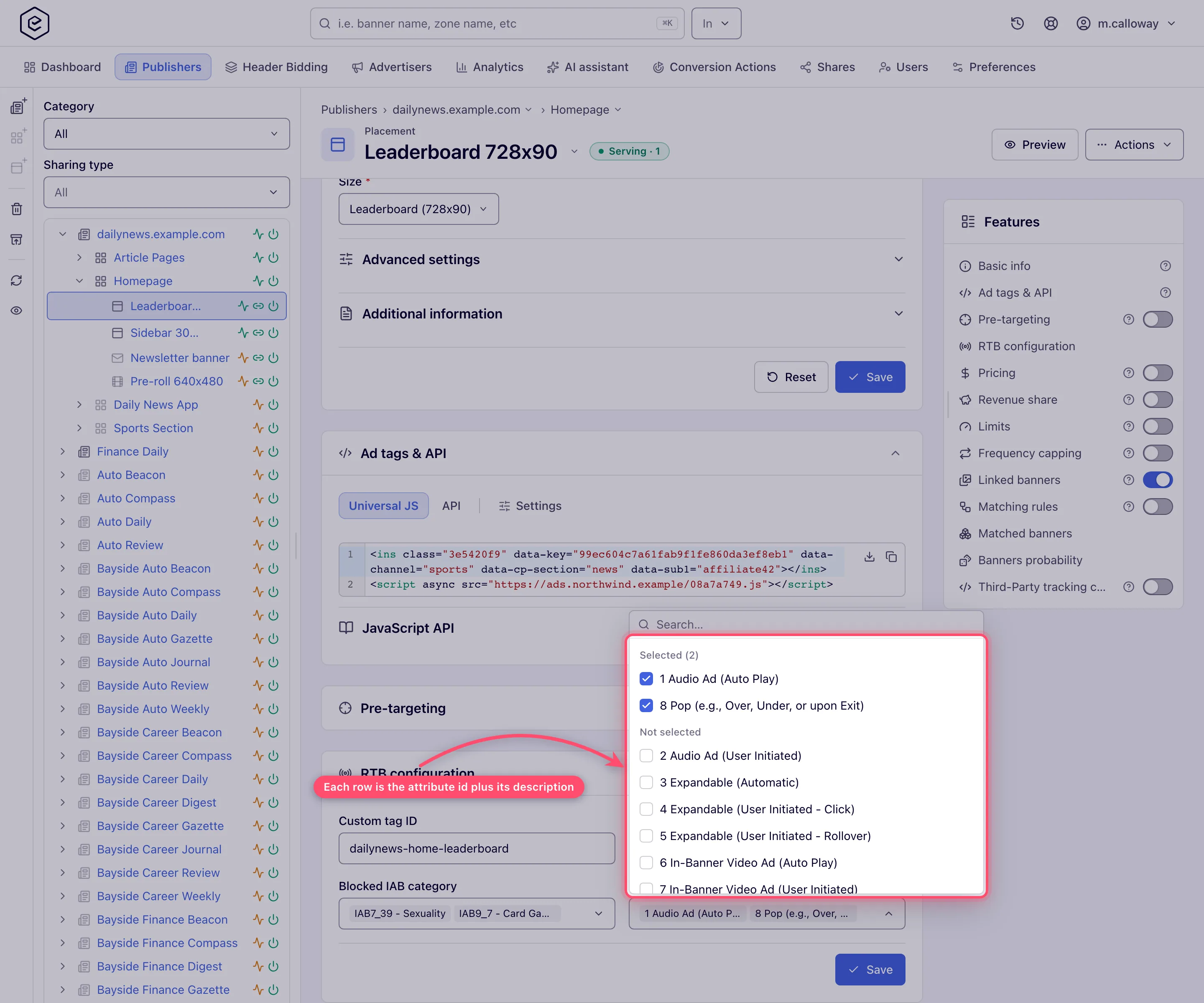 Blocked banner attributes picker open on the Homepage Leaderboard placement, two attributes ticked under Selected (2) and the rest listed below as an id and a description