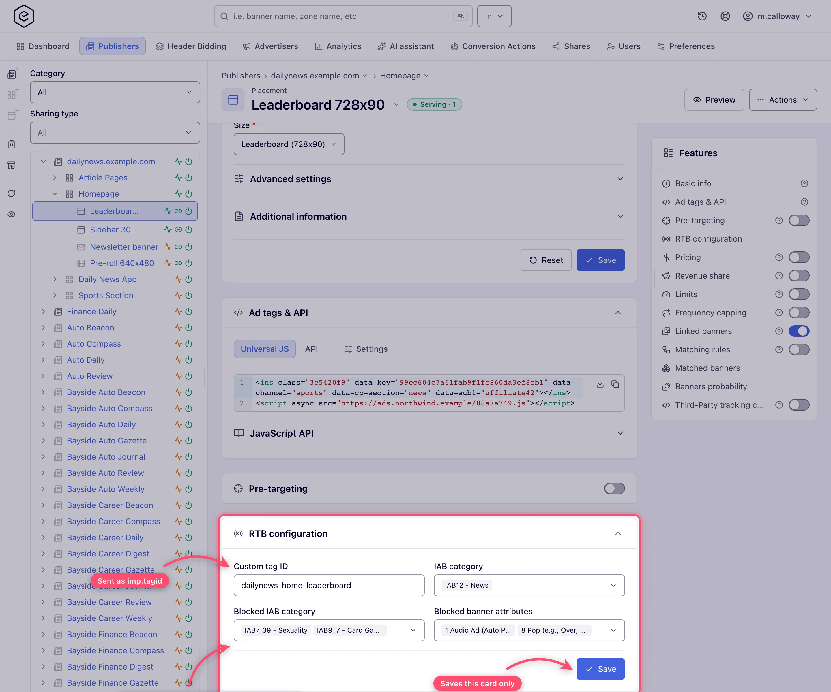 Placement edit page for Homepage Leaderboard with the RTB configuration card open below Pre-targeting: Custom tag ID filled, IAB category, Blocked IAB category and Blocked banner attributes each showing their stored values as chips