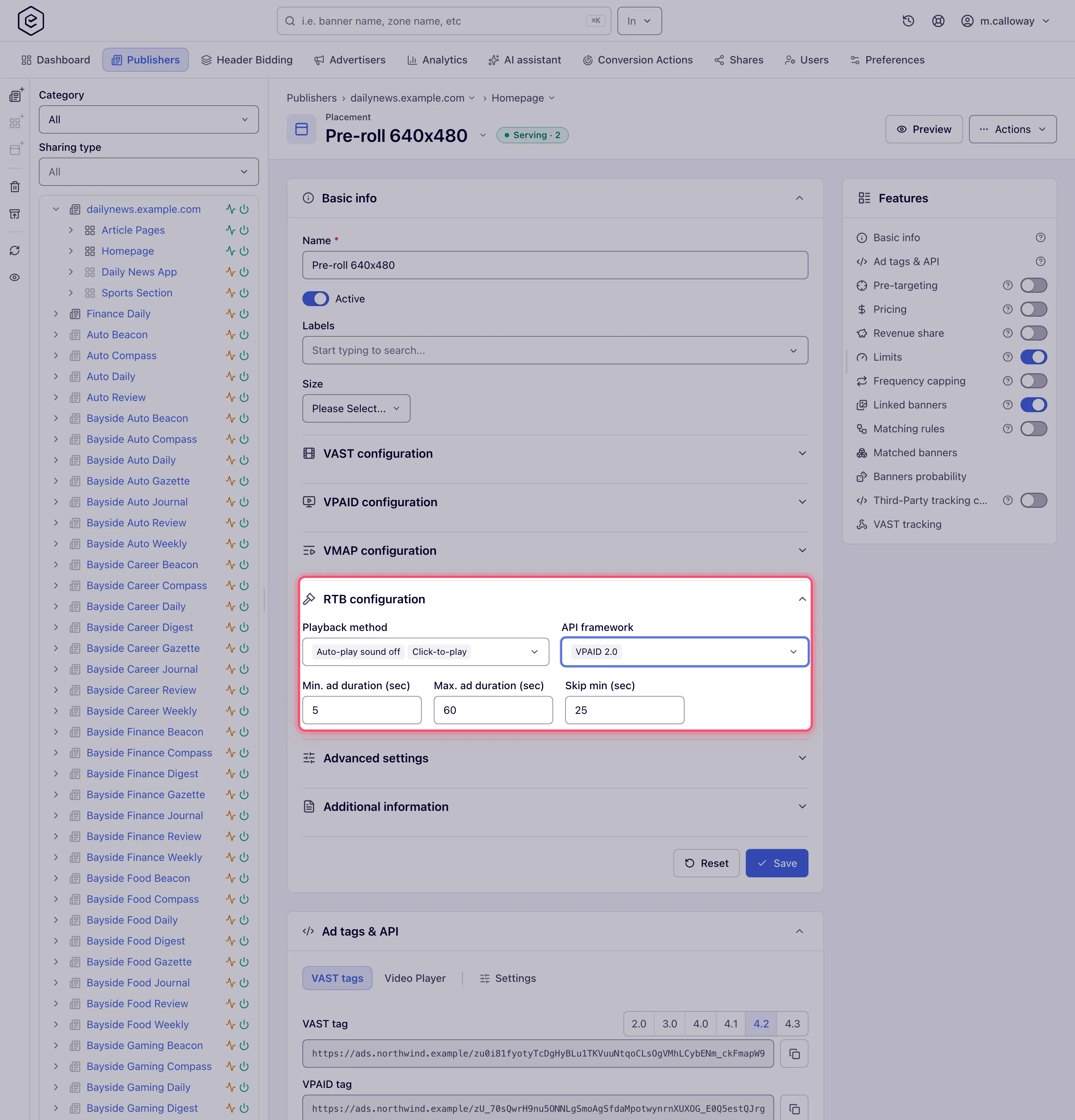 RTB video configuration with playback methods, API frameworks and durations