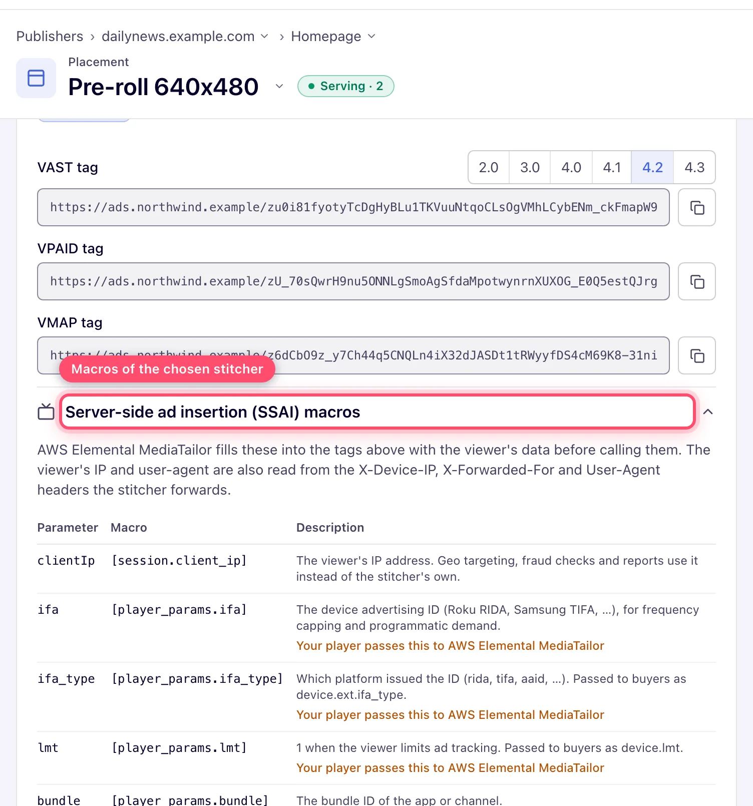 VAST tags tab with the MediaTailor macros table under the tags