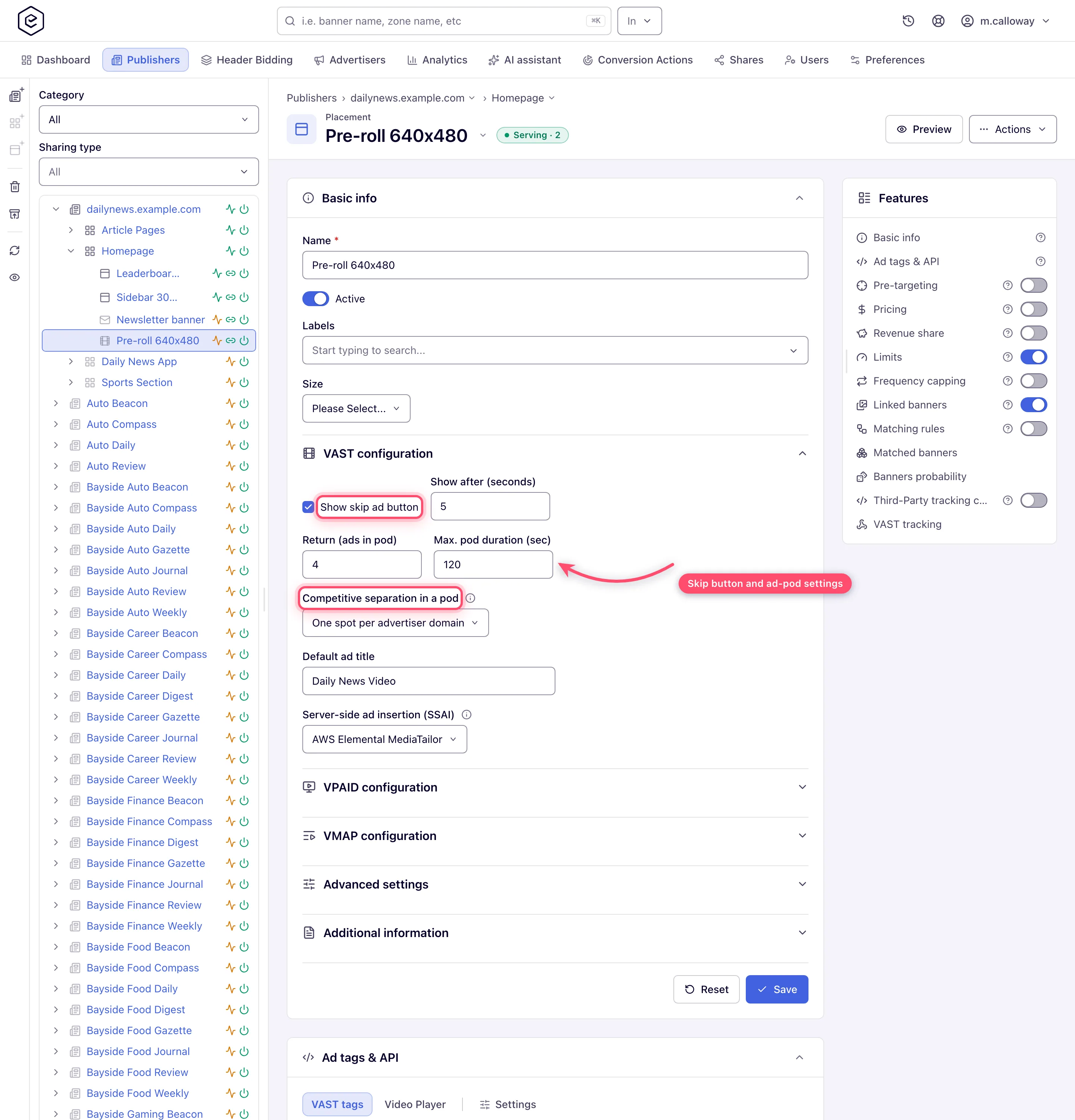VAST configuration with skip button, pod settings, competitive separation and default ad title