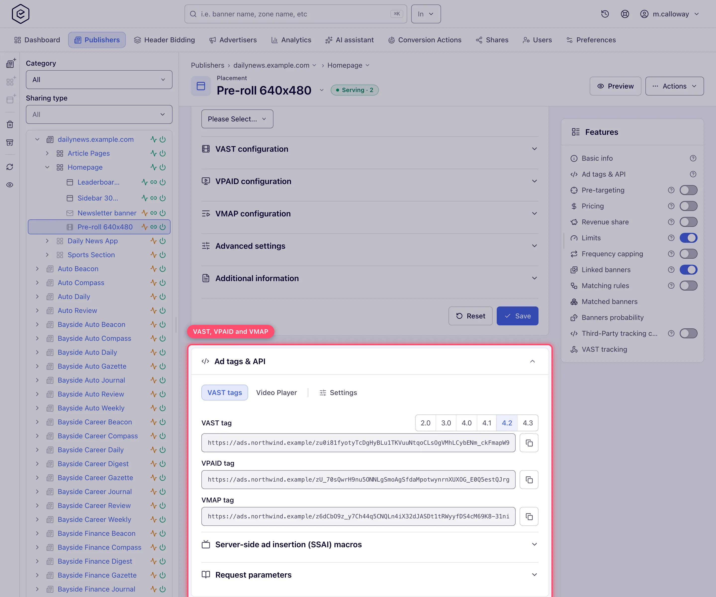 VAST tab with the VAST tag field, its version picker, and the VPAID and VMAP tags