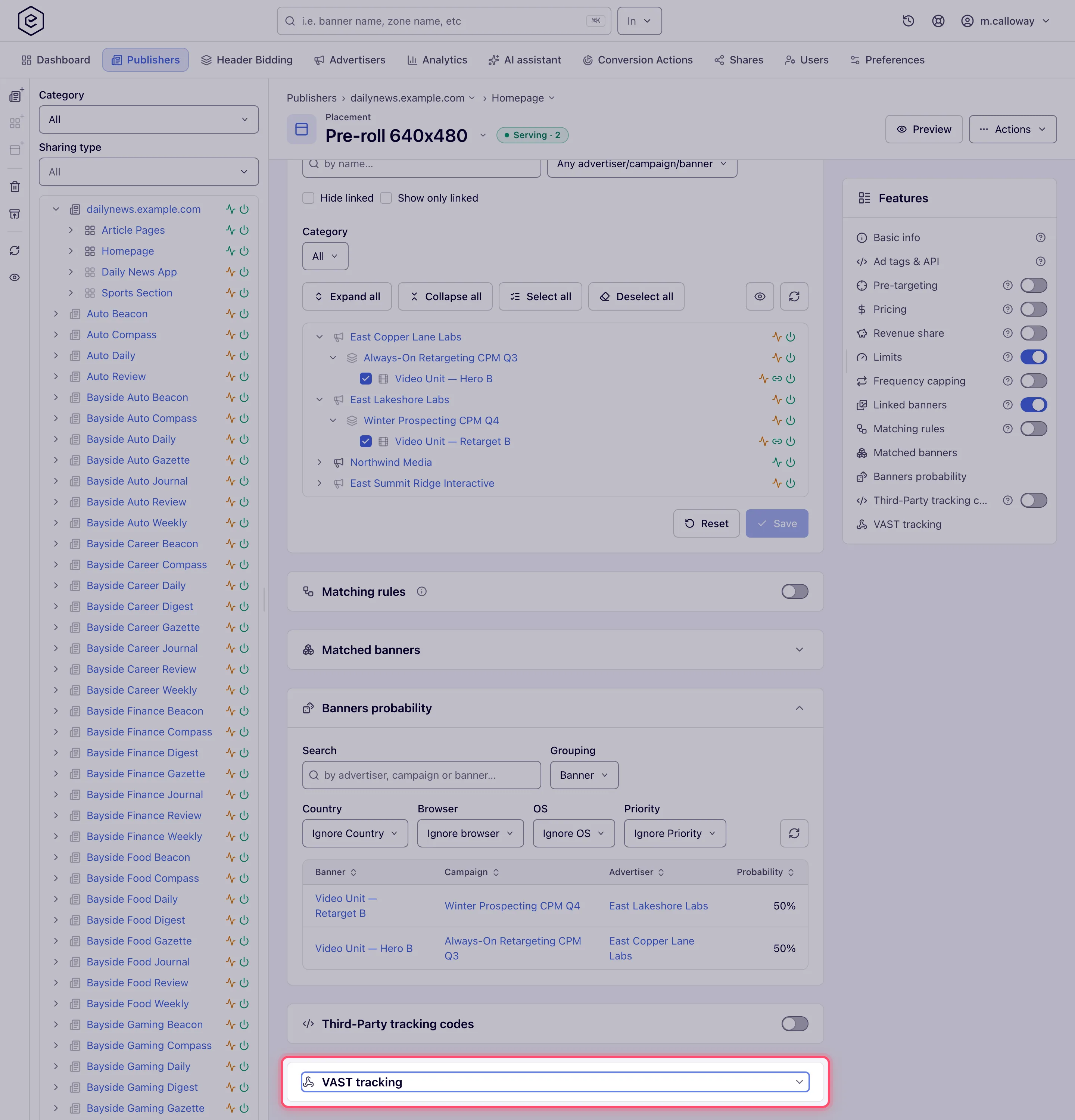 VAST tracking card with grouped playback events and progress points