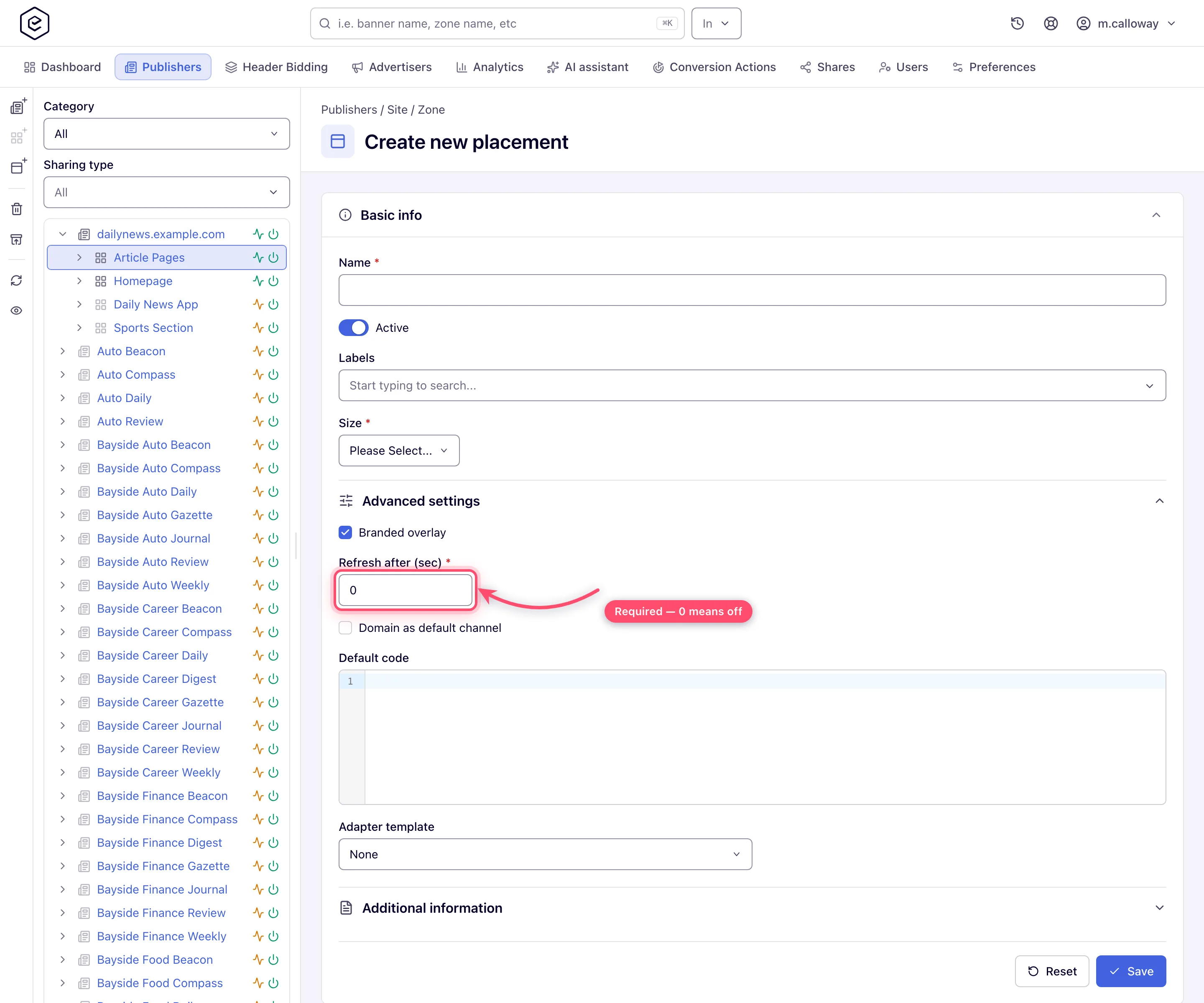 Advanced settings expanded on the placement create form