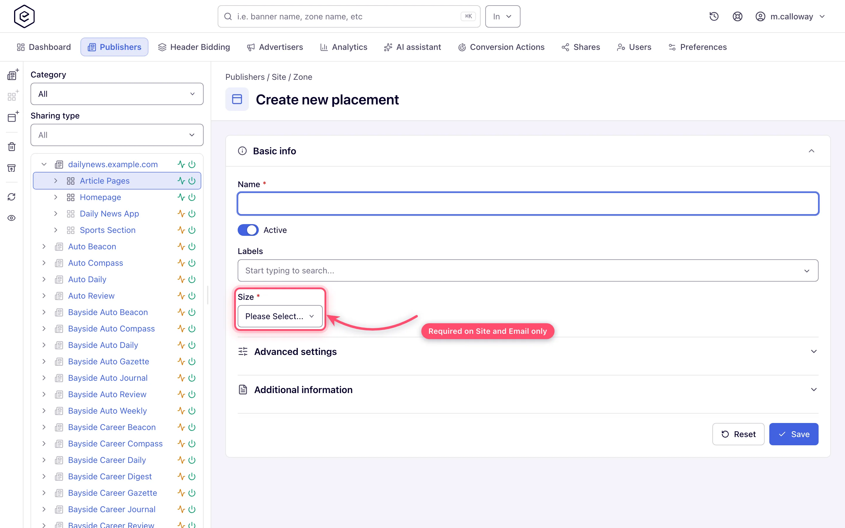 New Site Placement form with name, labels and the size selector