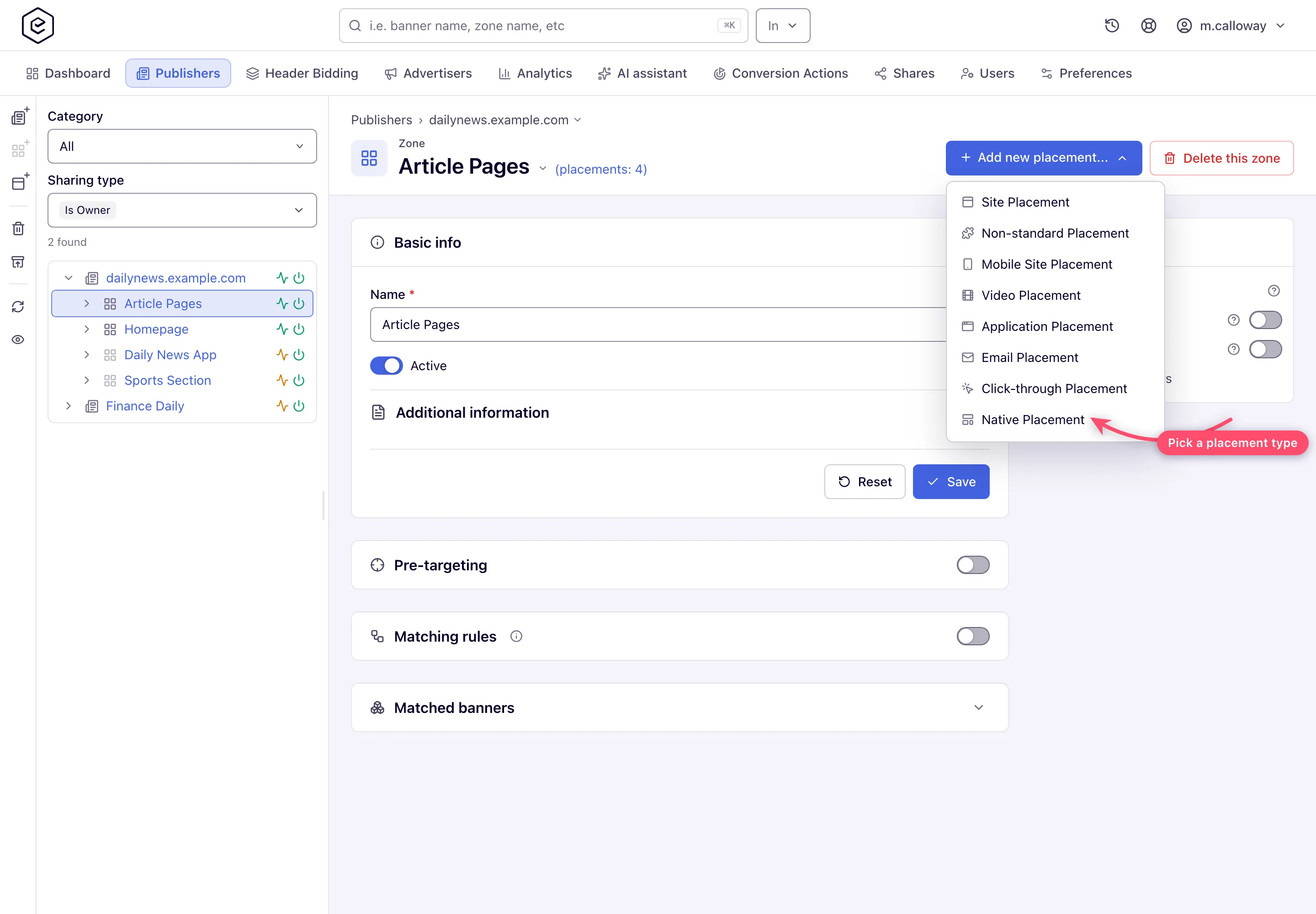 Add new placement menu listing the eight placement types