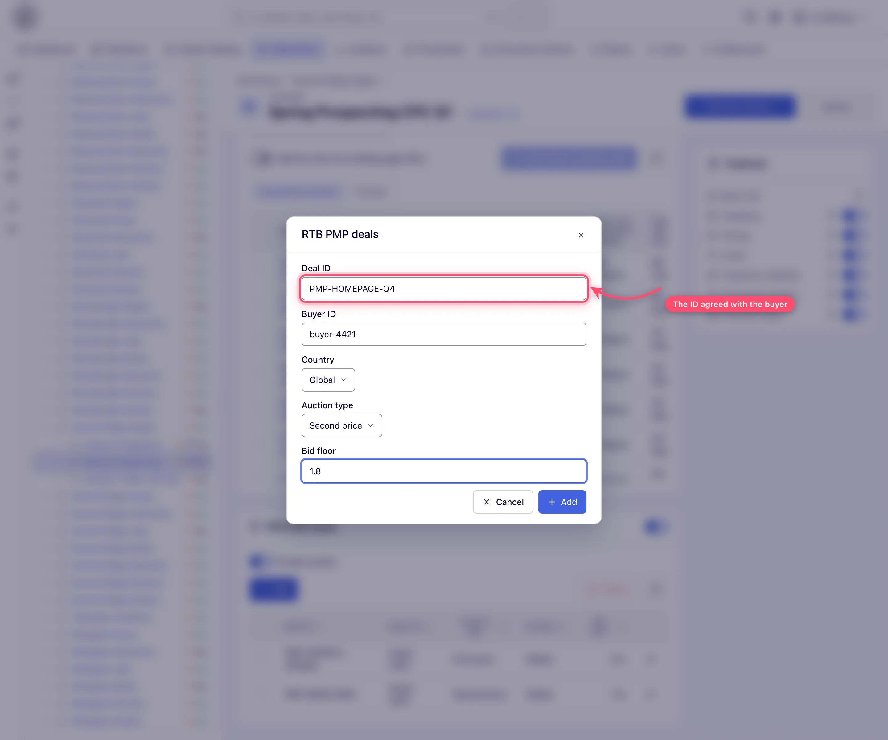 Add PMP deal modal with deal terms fields