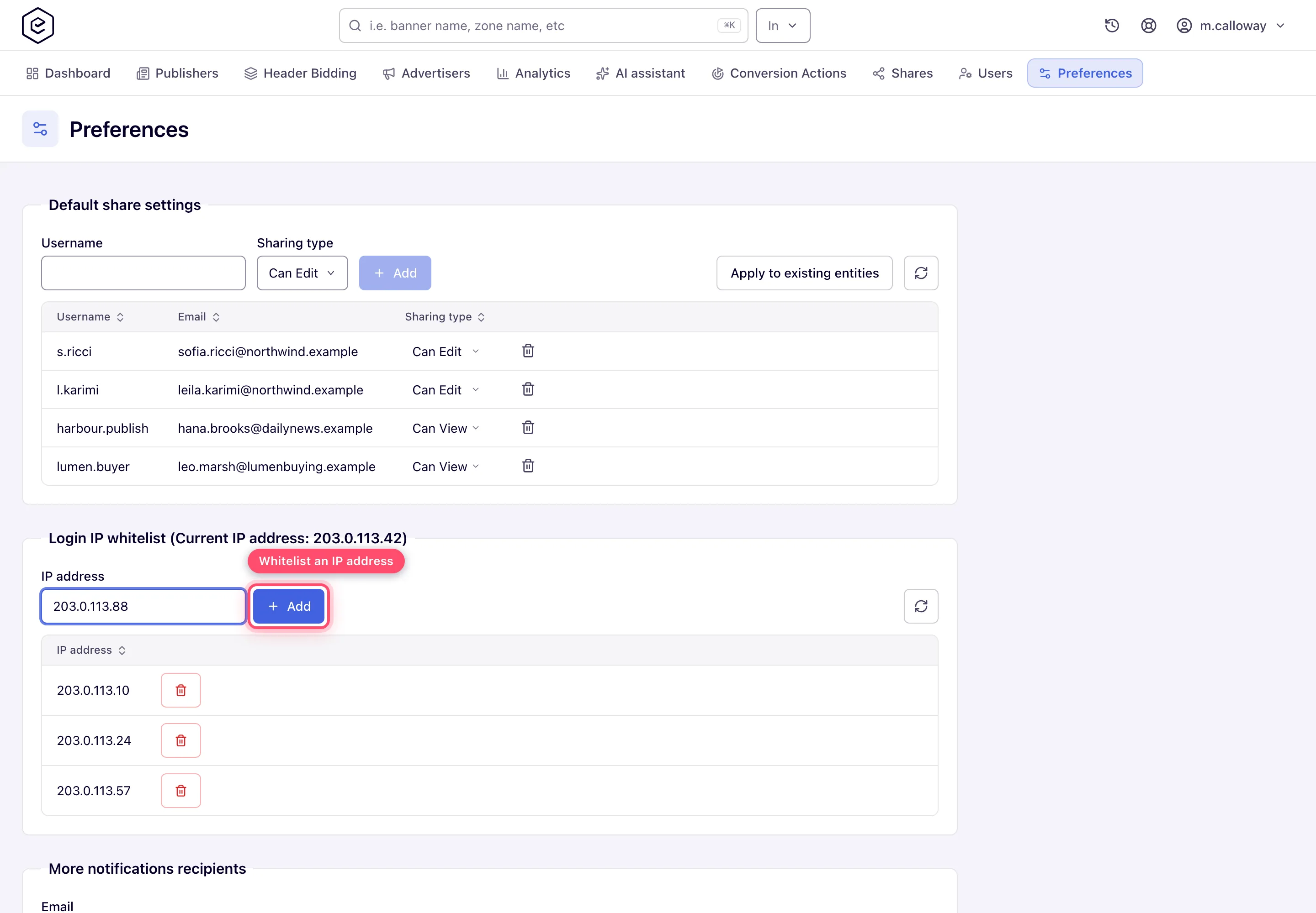 Login IP whitelist panel