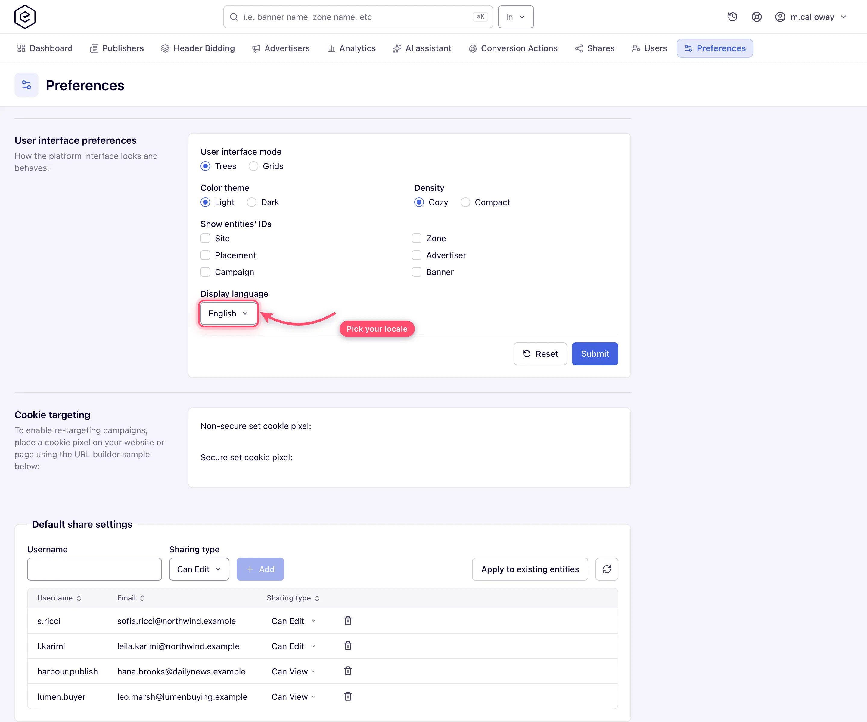 User interface preferences card