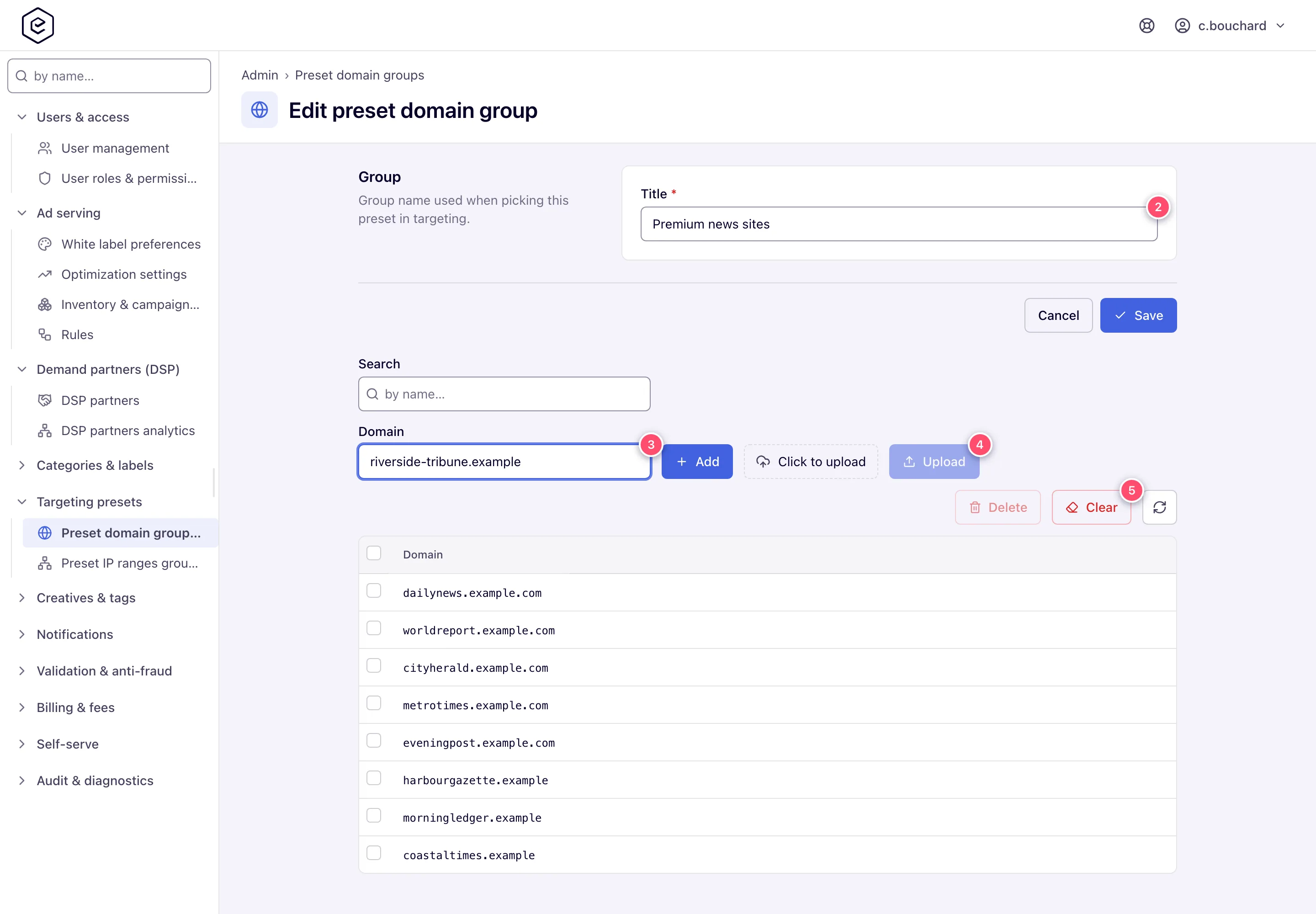 Preset domain group edit page: Title, entries toolbar and the domains grid, with the admin nav visible