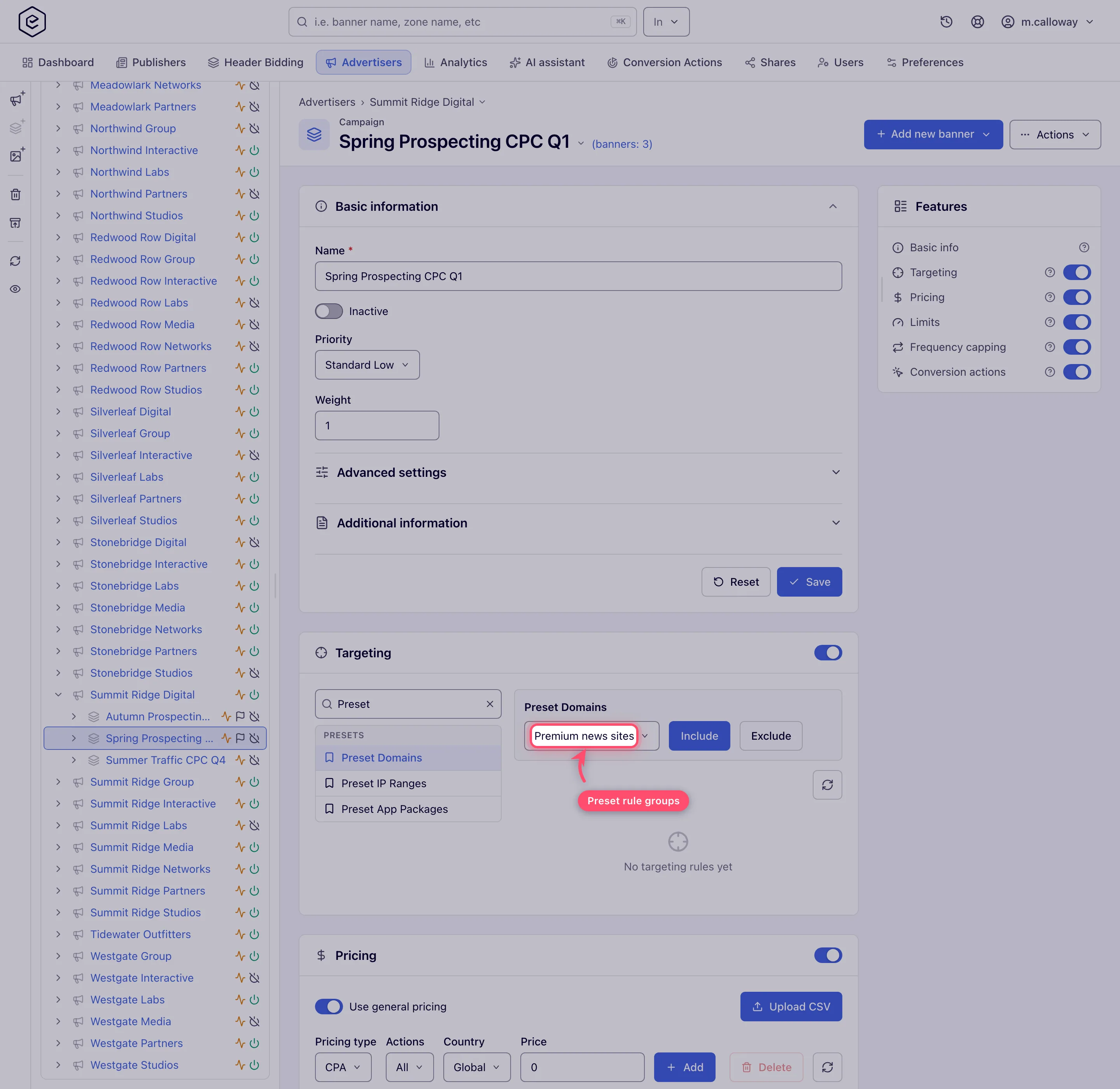 Preset Domains selected in the Targeting card with the group picker
