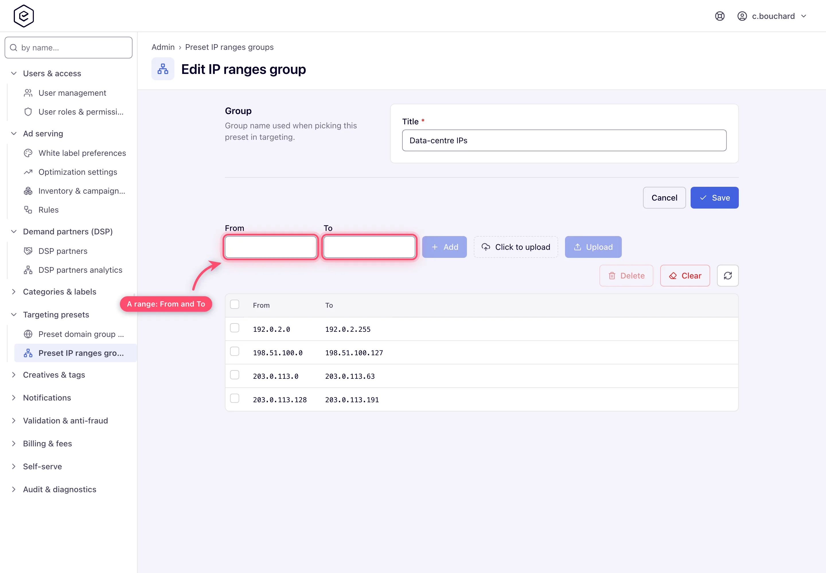 Preset IP ranges group edit page with the From and To entry fields and a two-column ranges grid