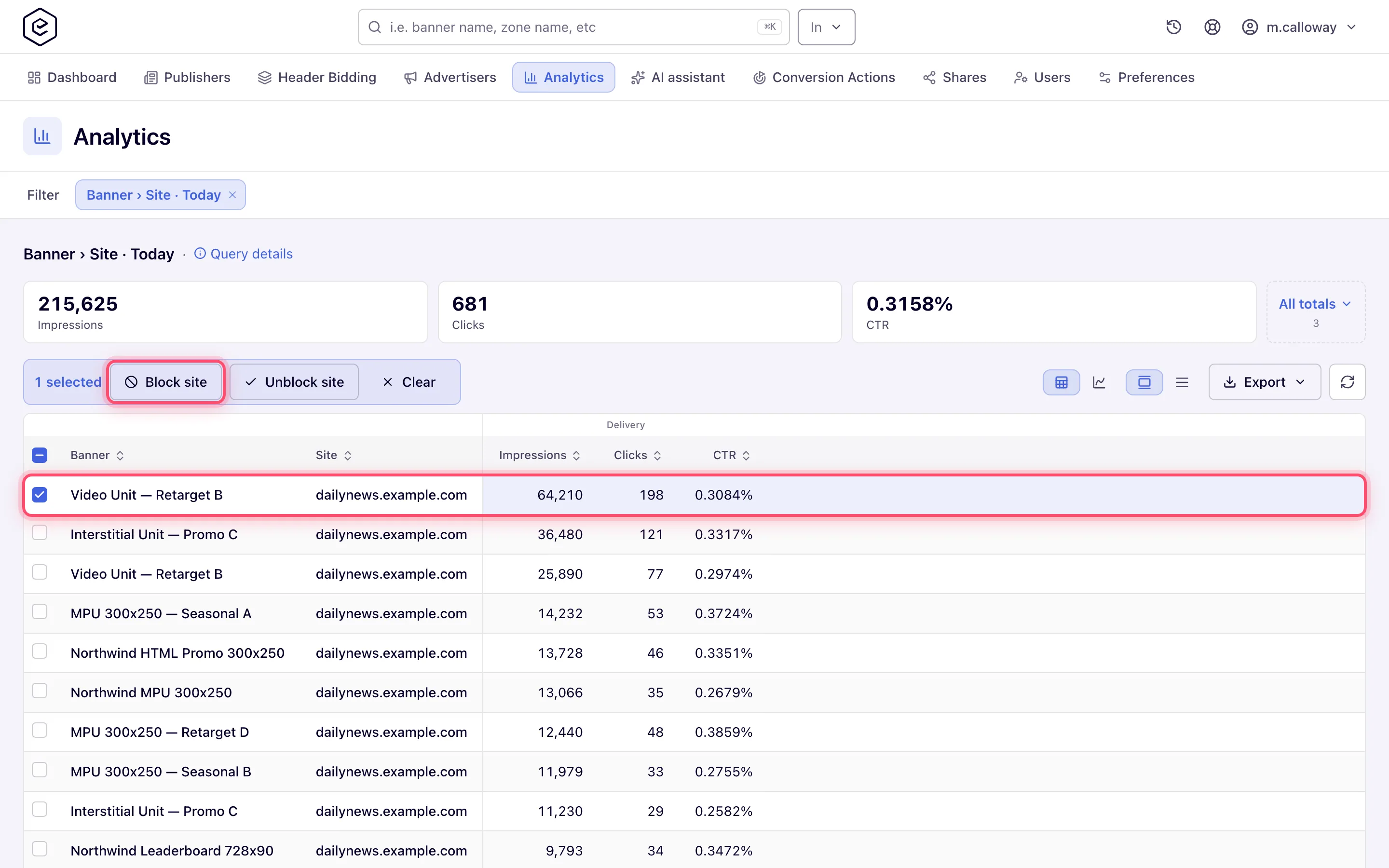 Analytics report with a row selected and the Block site button in the selection bar