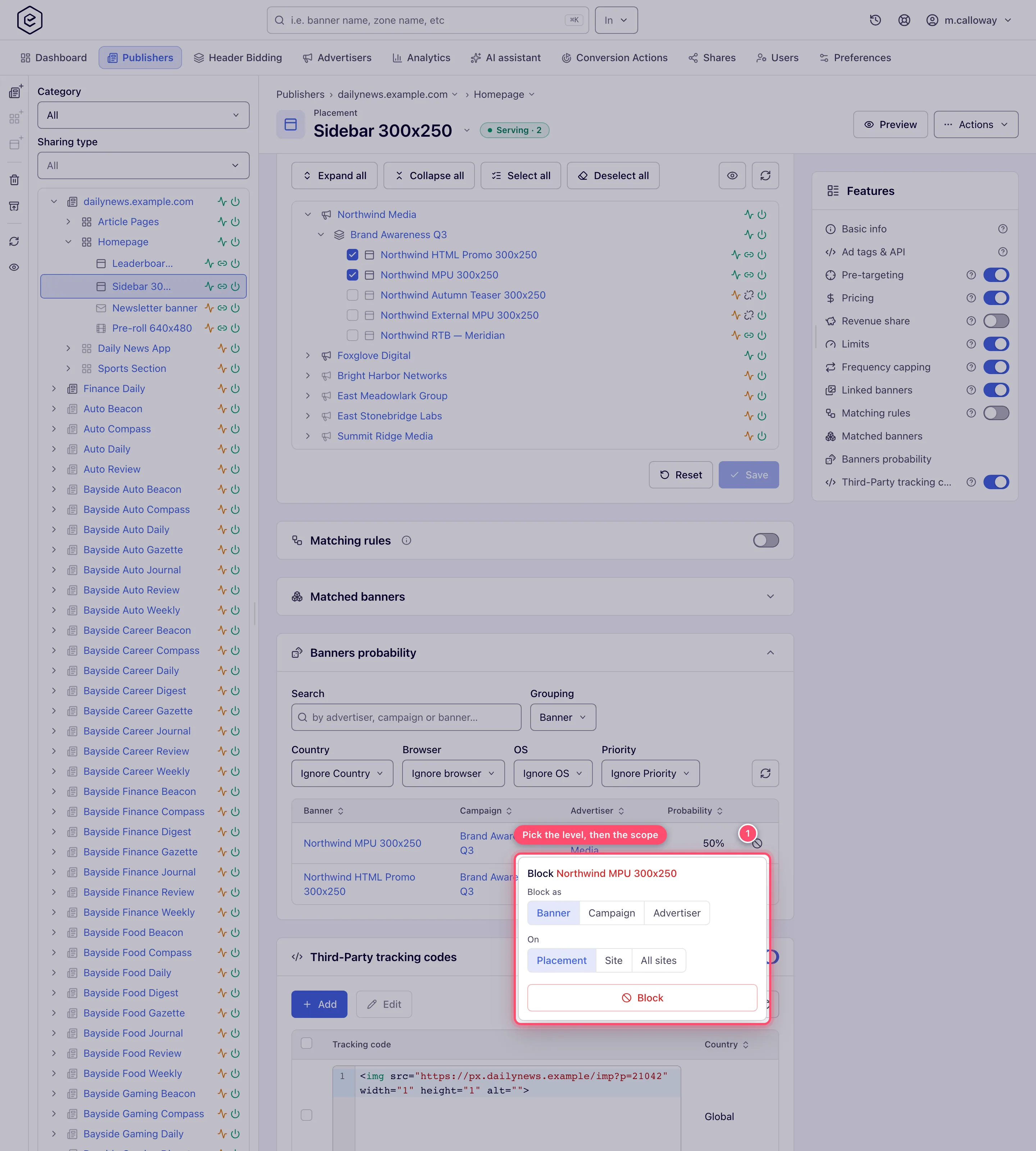 Placement edit page with the block popover open on a Banners probability row