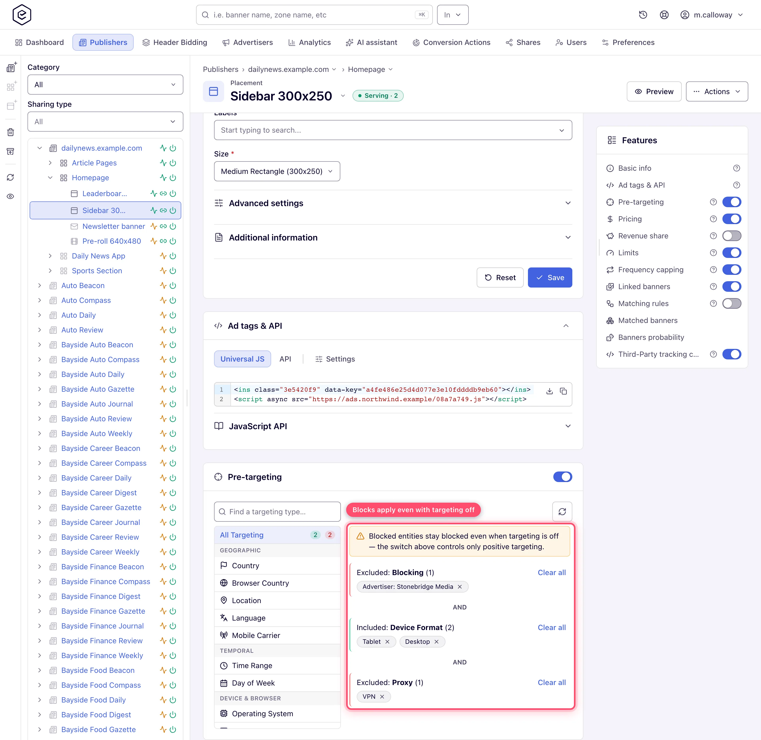 Pre-targeting card showing a Blocking group and the always-applies warning