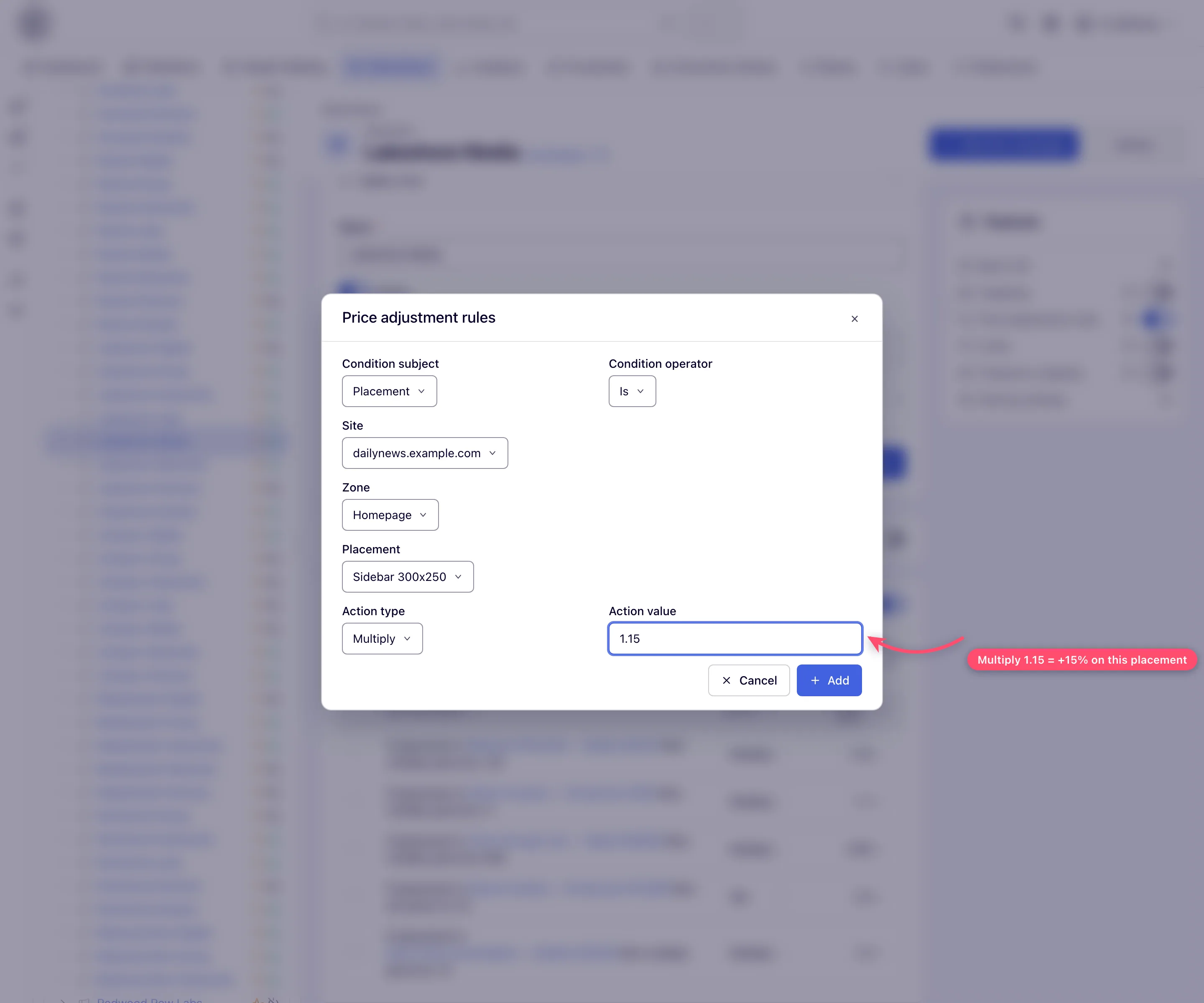Add price adjustment rule dialog with the placement cascade filled in