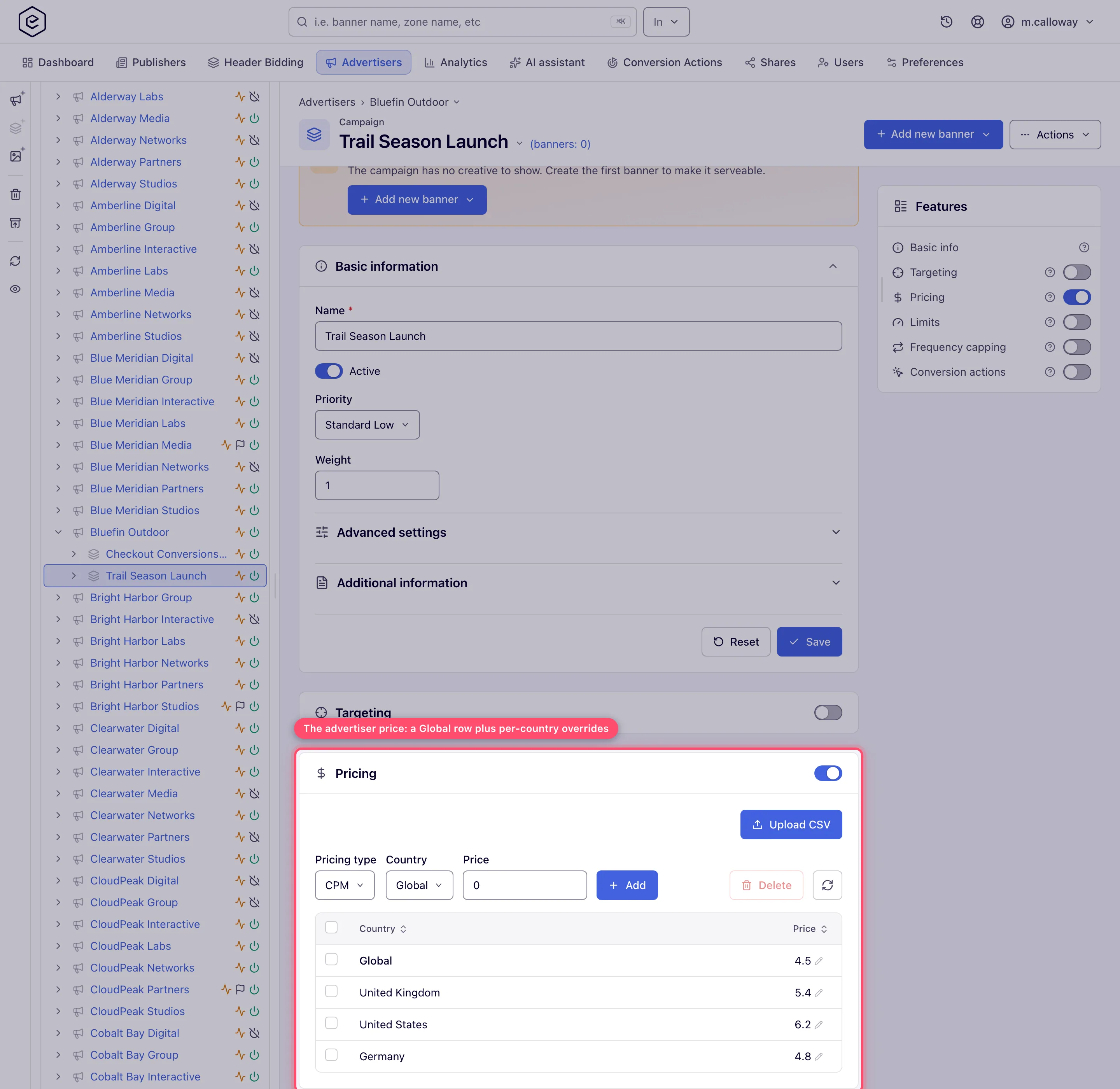 Campaign edit page with the Pricing card open, showing a Global price and three per-country prices