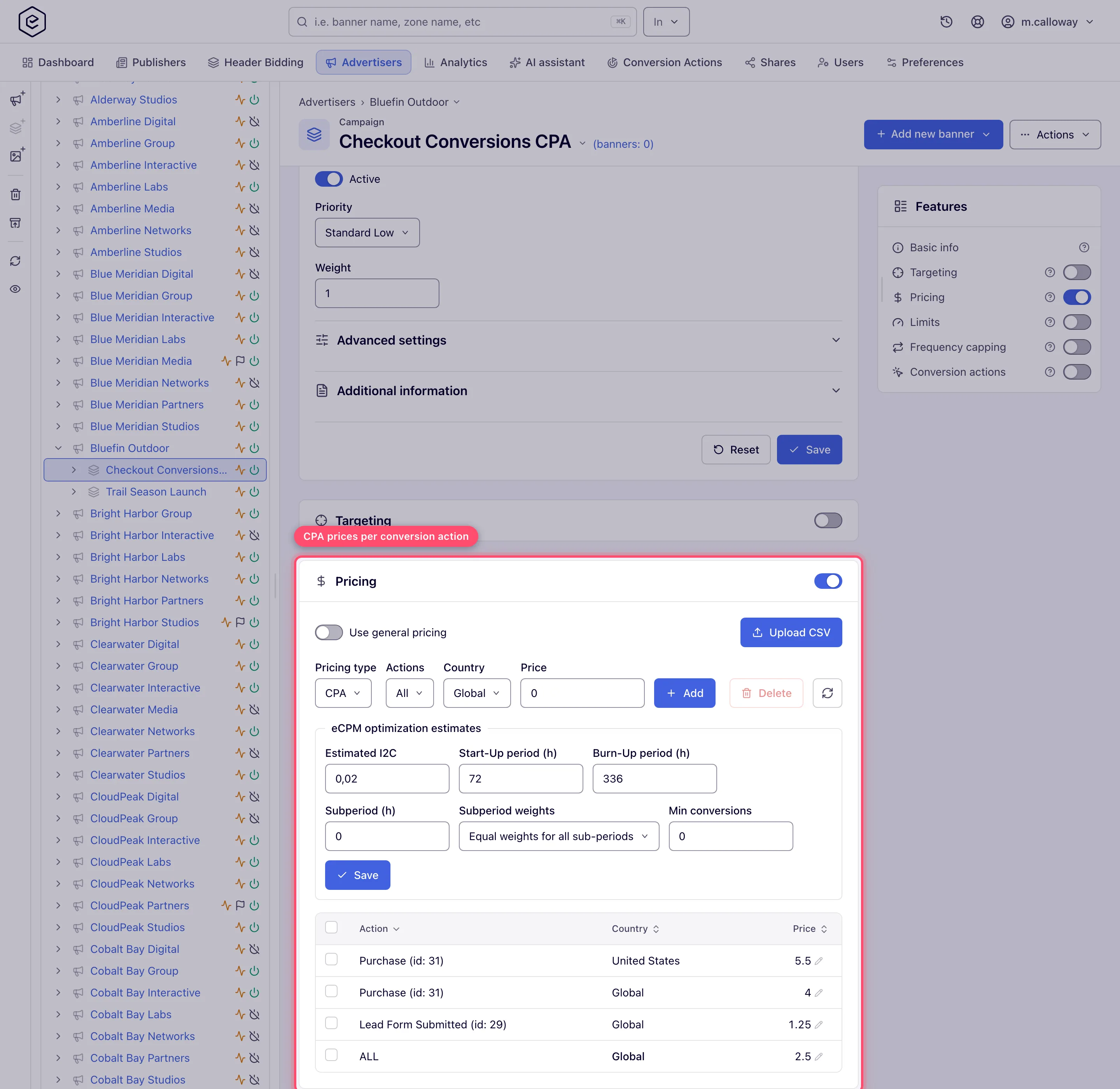 Pricing card set to CPA, with an Action column and the Use general pricing toggle