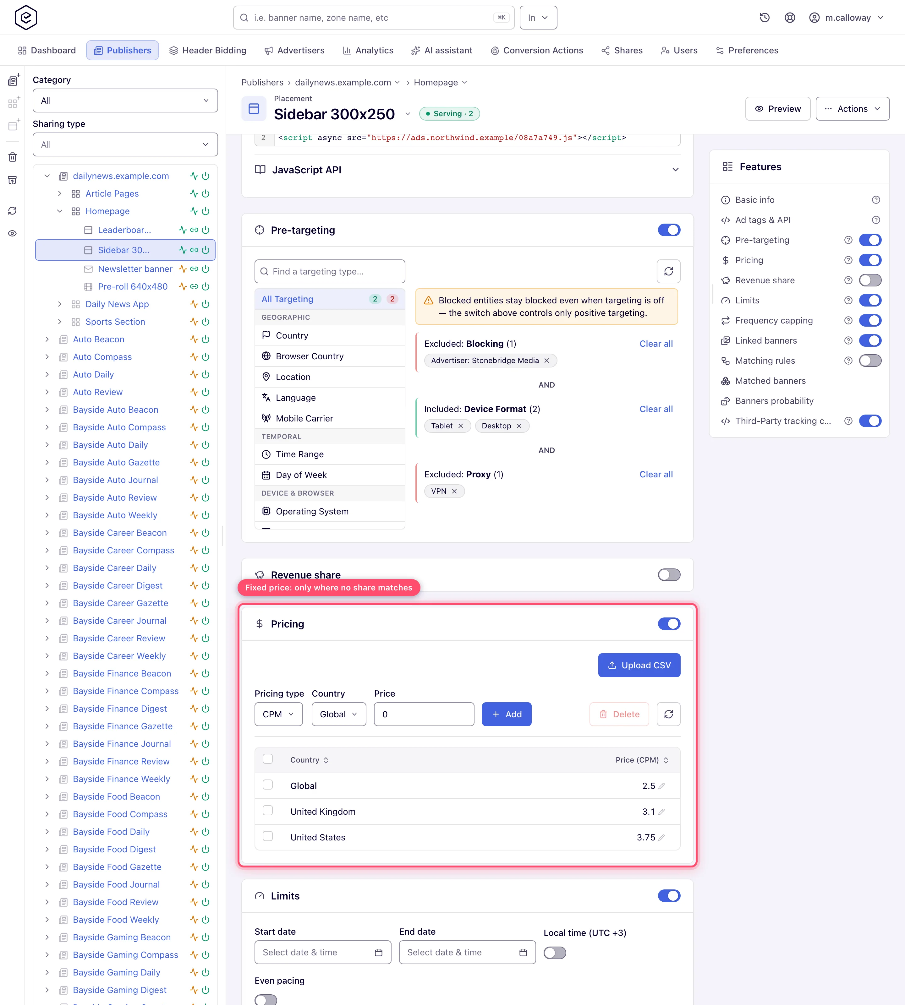 Placement edit page showing the precedence warning above the Revenue share and Pricing cards