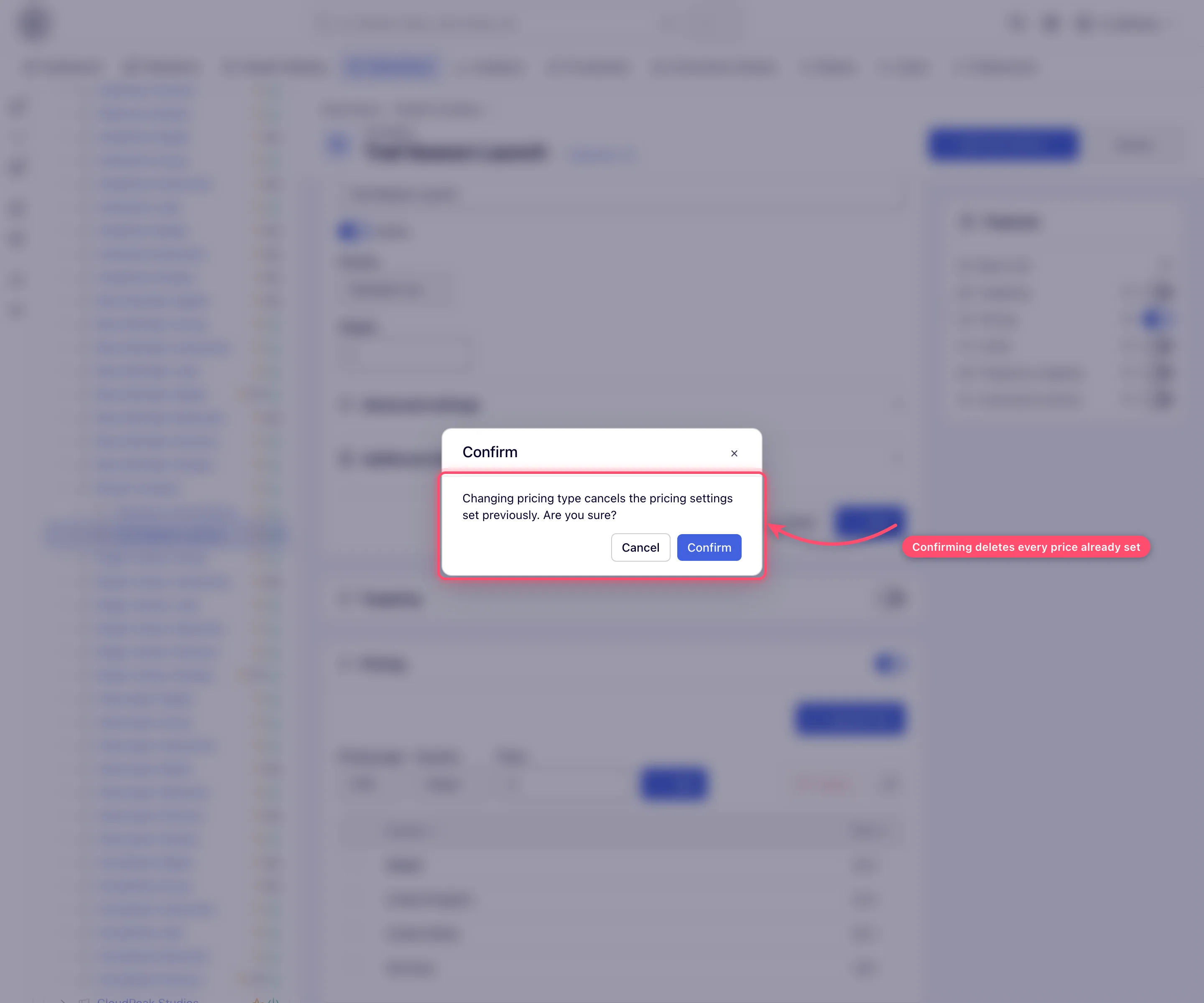 Confirmation dialog warning that changing the pricing type cancels the prices set previously