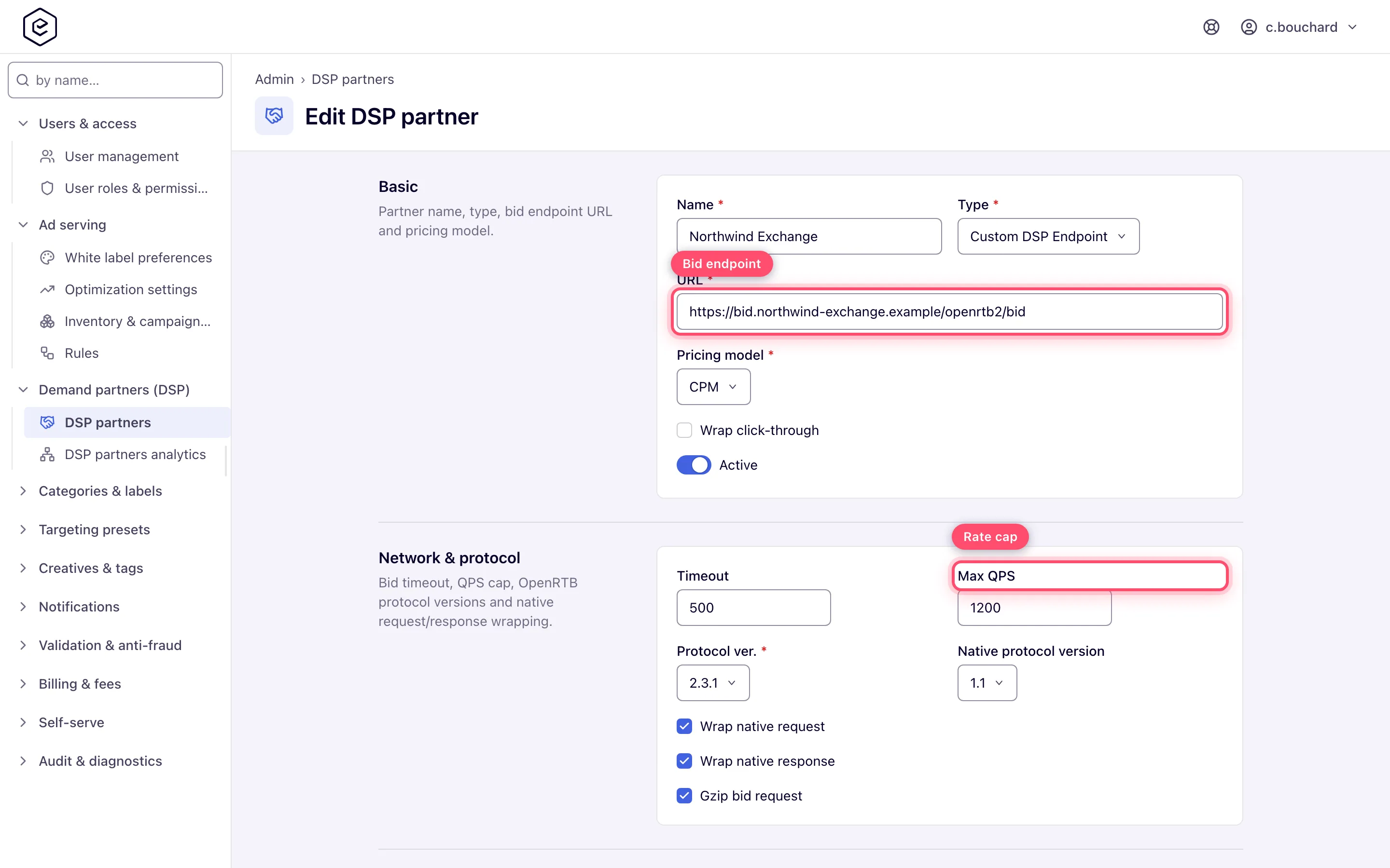 DSP partner form with endpoint, pricing model, timeout and QPS cap