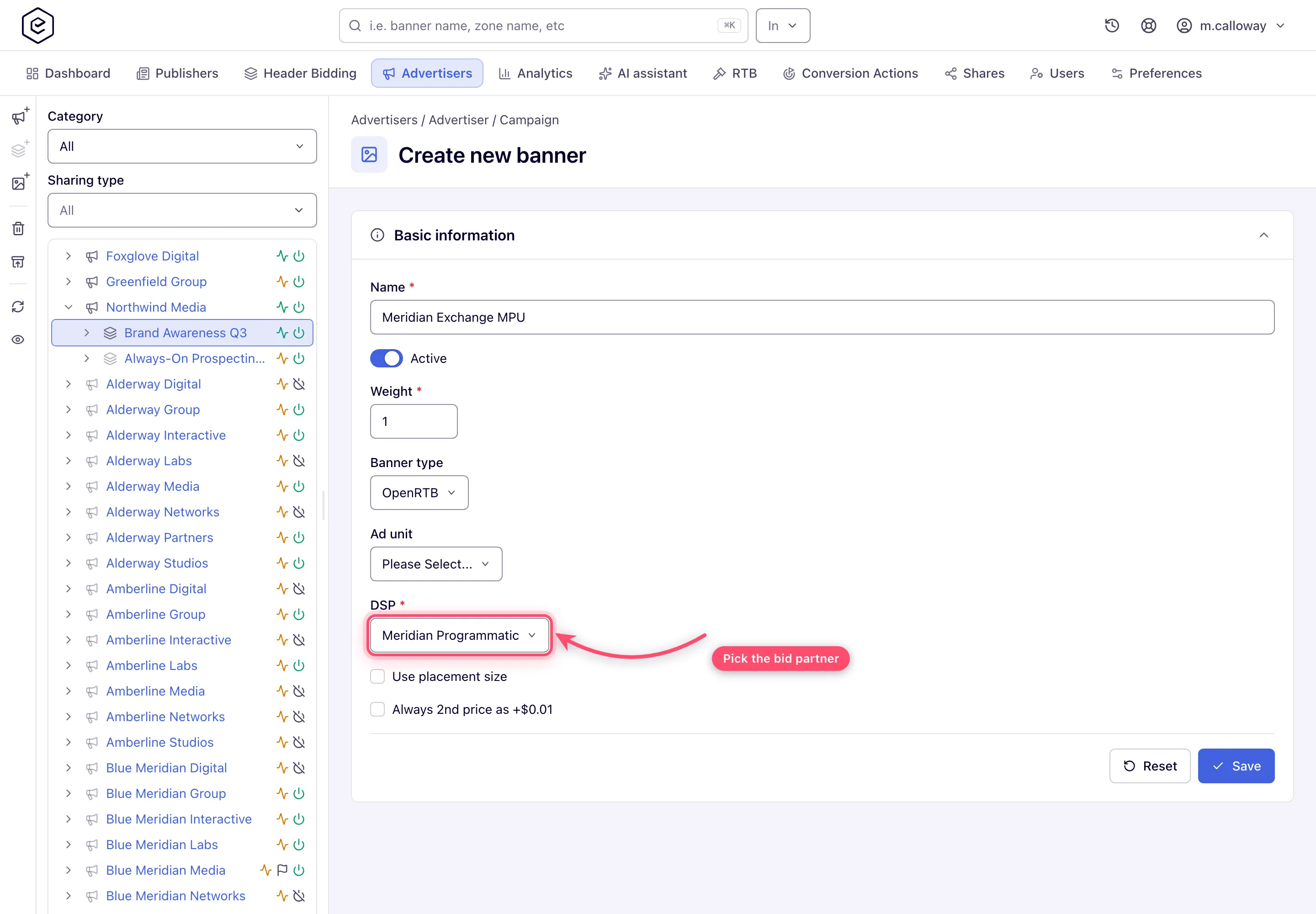 OpenRTB banner form with the DSP selector and auction options