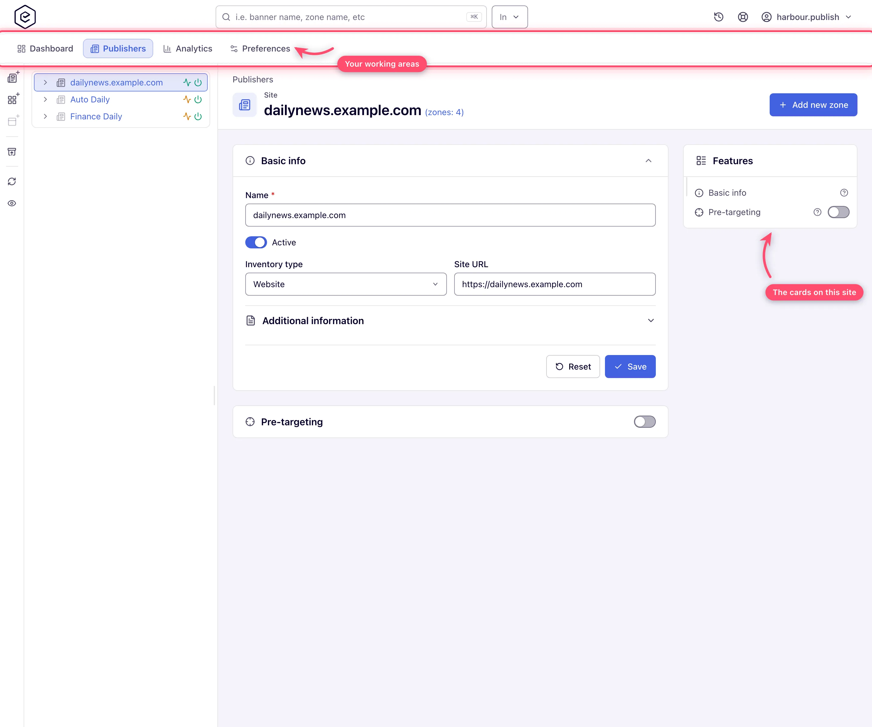 Your Publishers tab: the site tree, and the selected site's Basic info and Pre-targeting cards