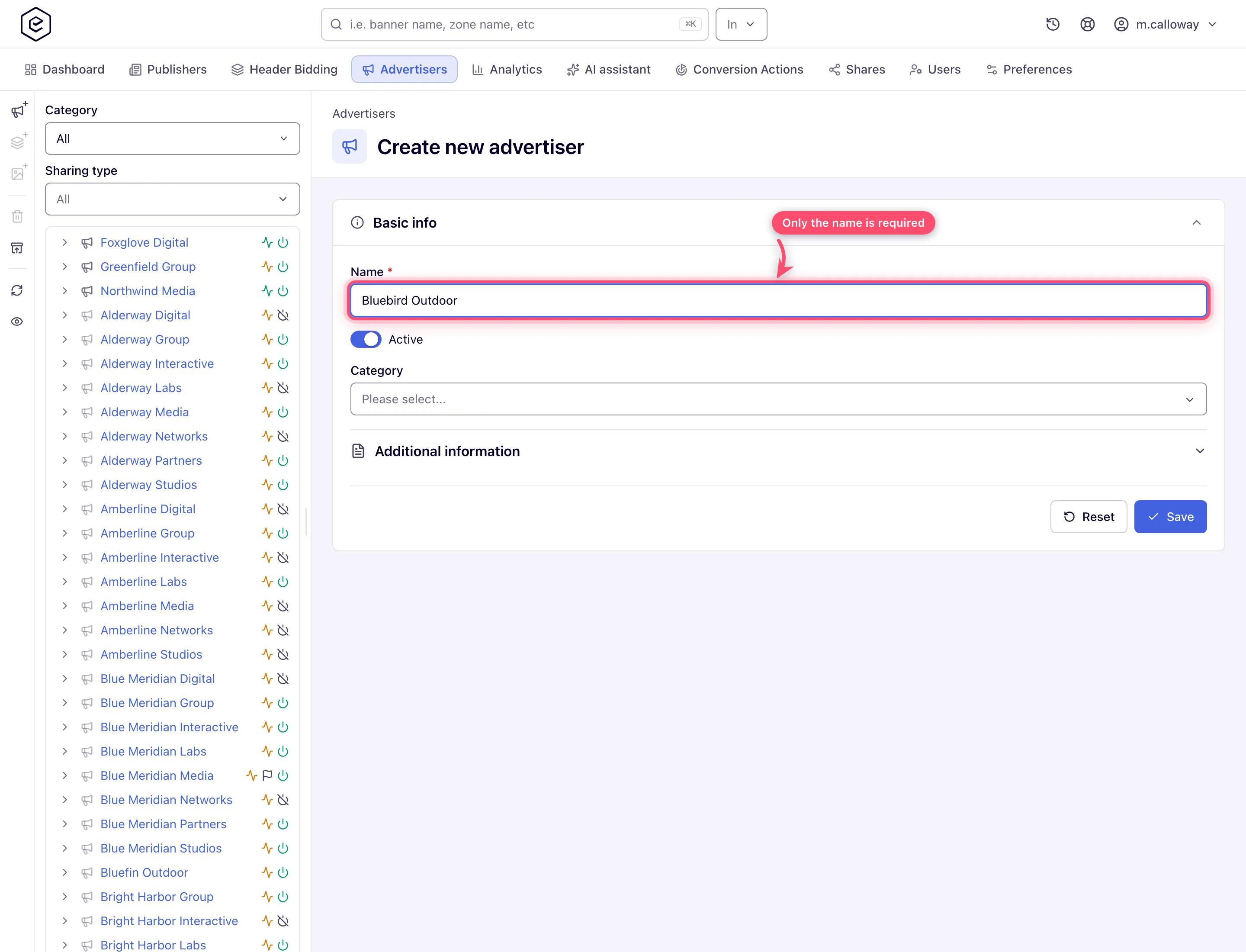 Create new advertiser page