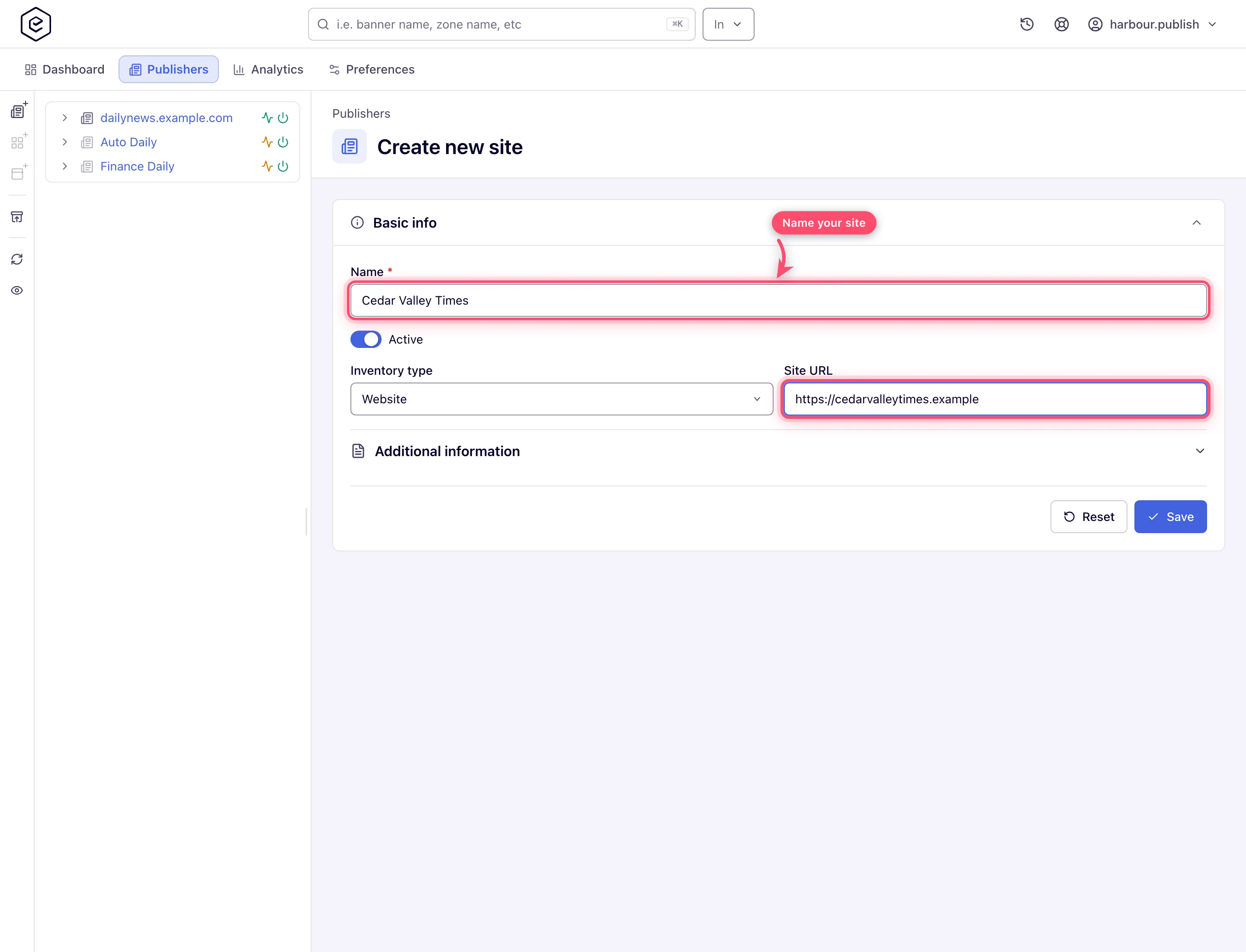 Create new site form