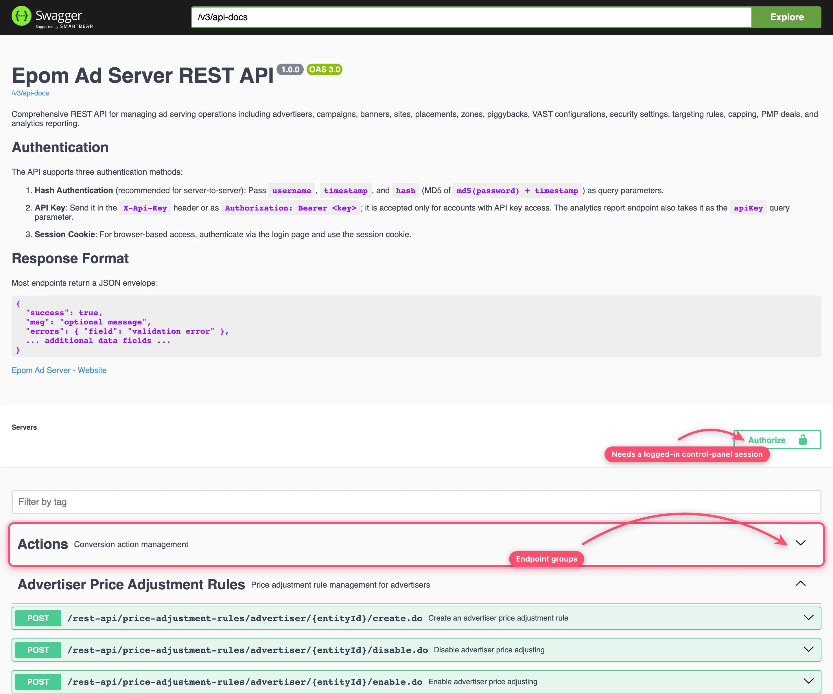 Swagger UI: the Authorize button, the tag filter, and endpoint groups that expand into their operations