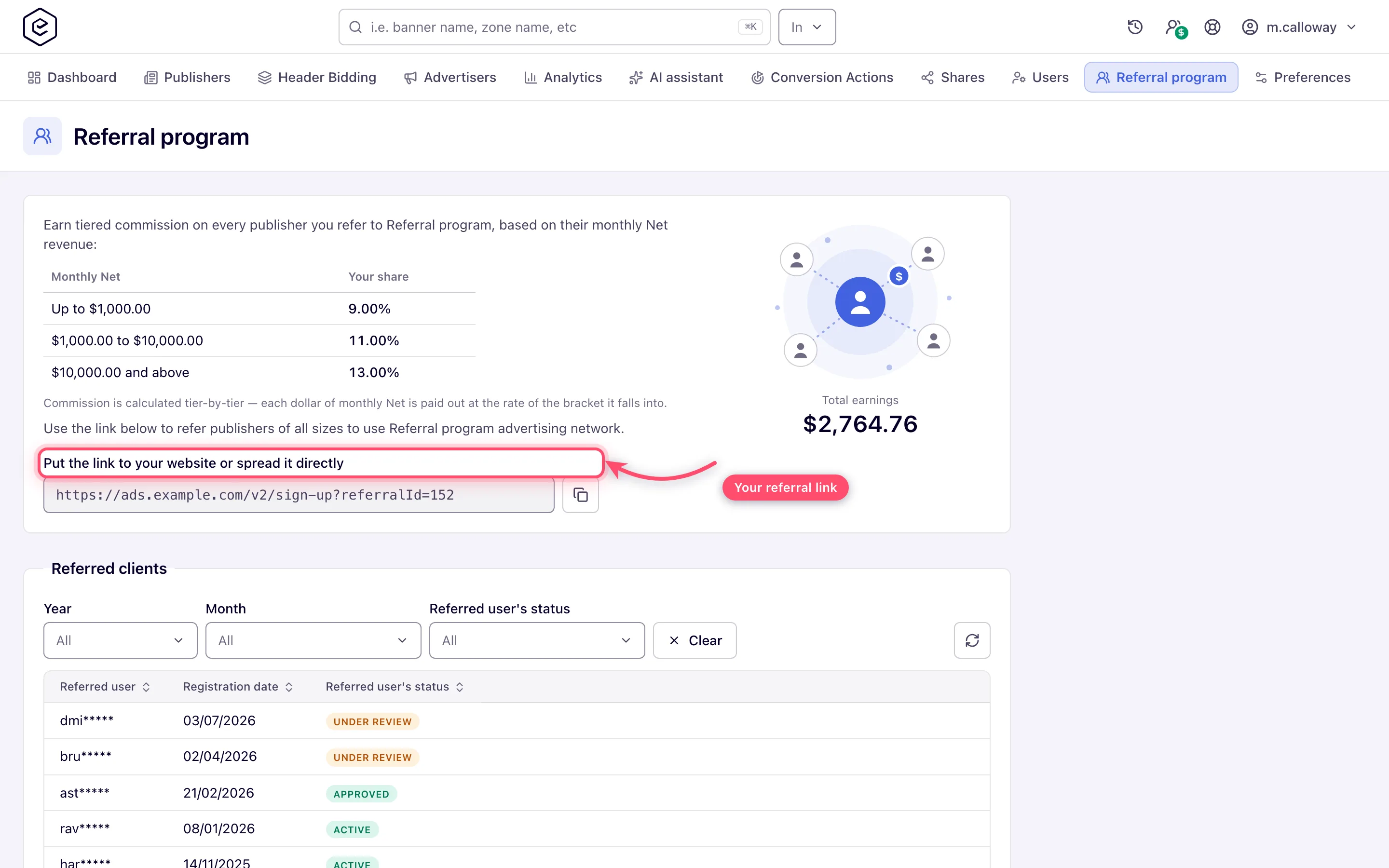 Referral program hero with link and terms