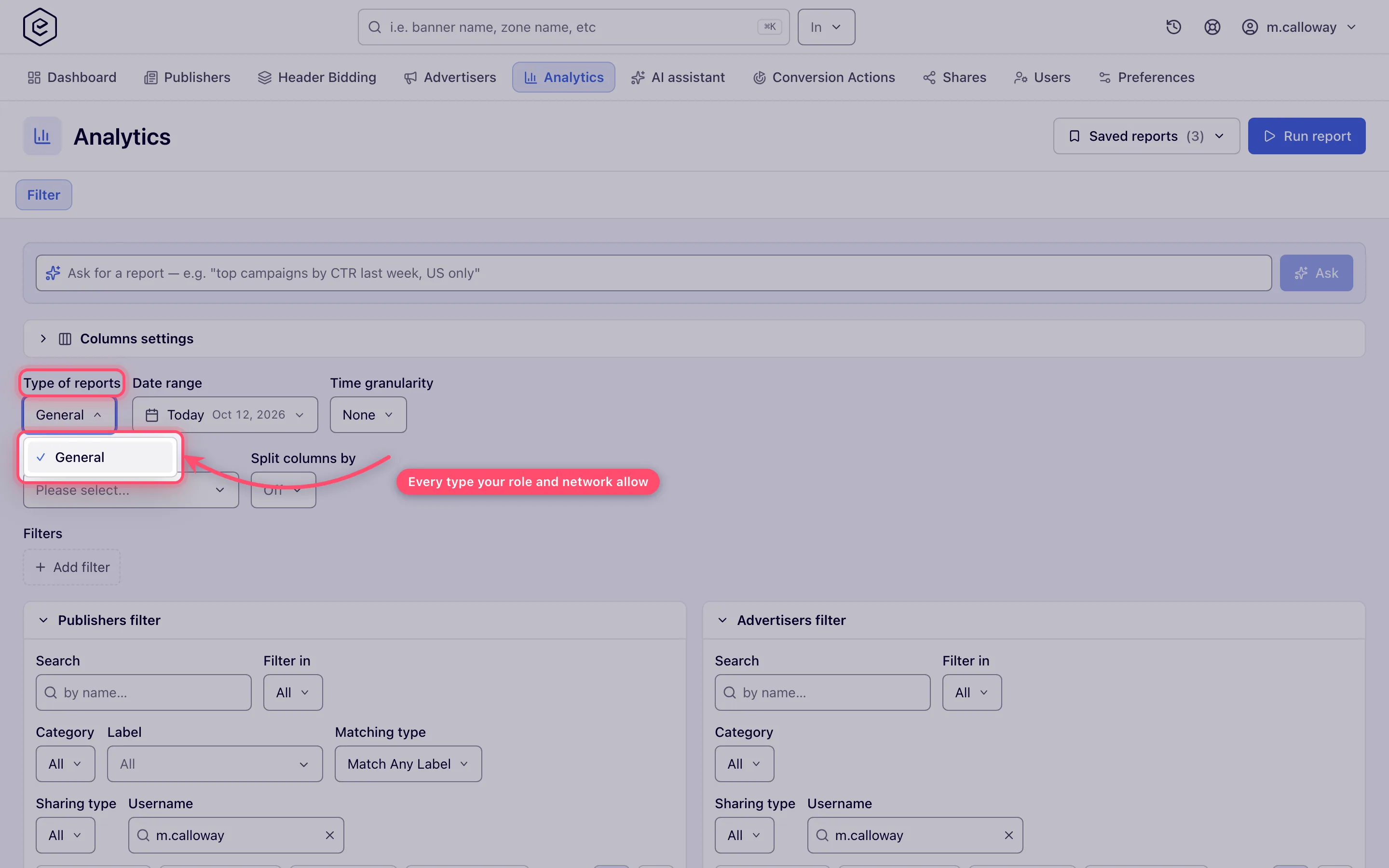 The Type of reports dropdown open on the Analytics Filter tab