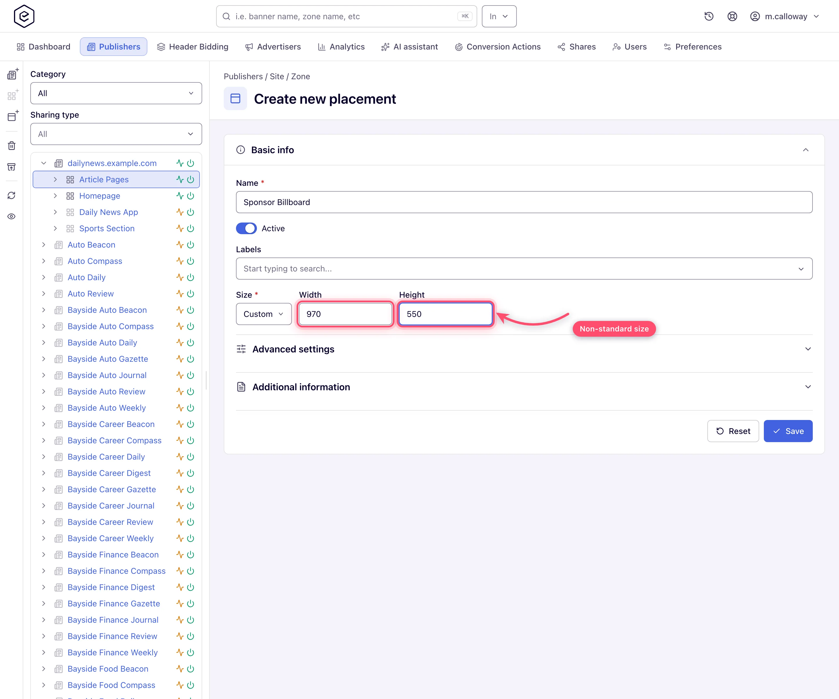 Custom ad unit with editable width and height