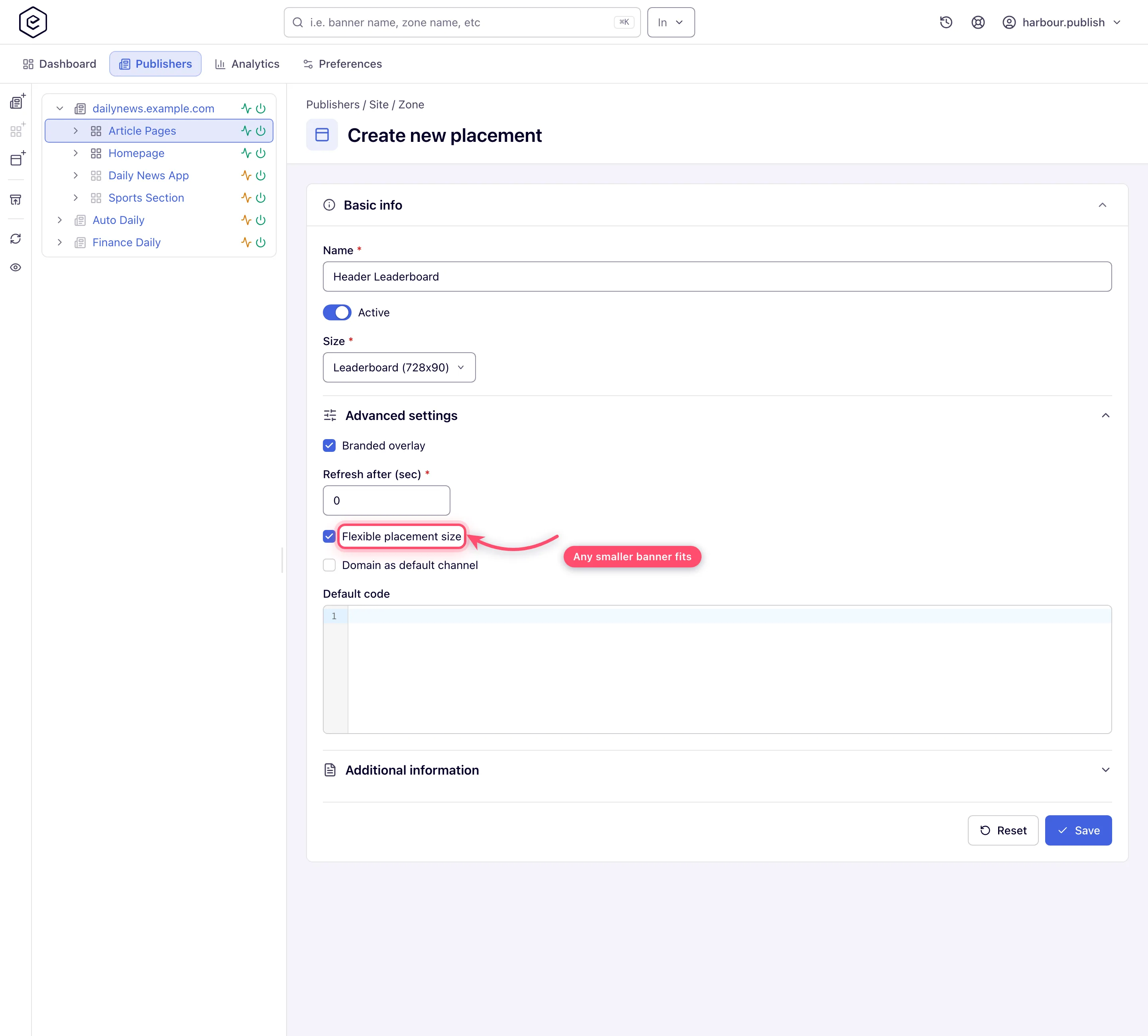 Placement size selector with Flexible placement size ticked