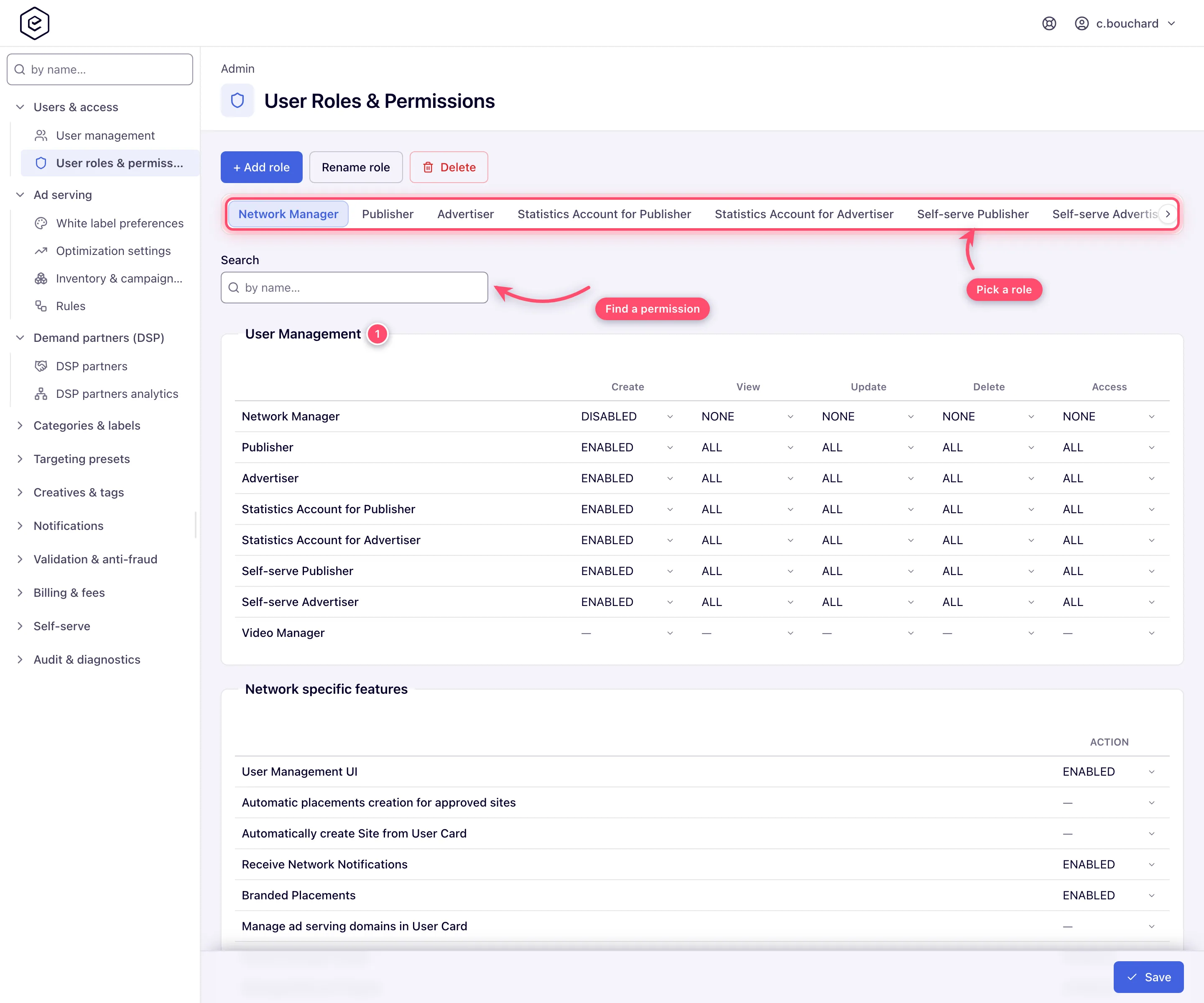 User Roles & Permissions page with the permission matrix